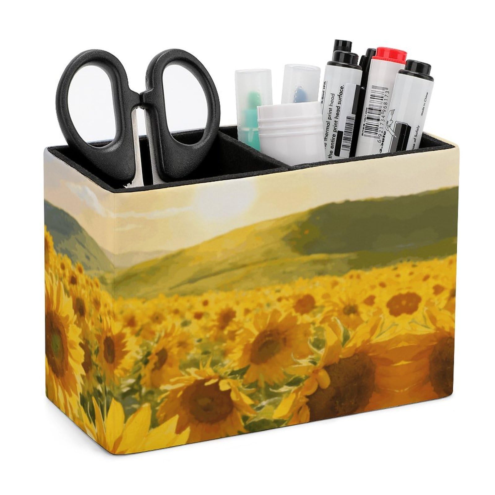 LZQPOEAS Exquisite Patterns PU Leather Pen Holder, Multifunctional Desktop Organizer Caddy with 2 Compartments, Golden Wilderness Pencil Cup Makeup Brush Holder for Office Home