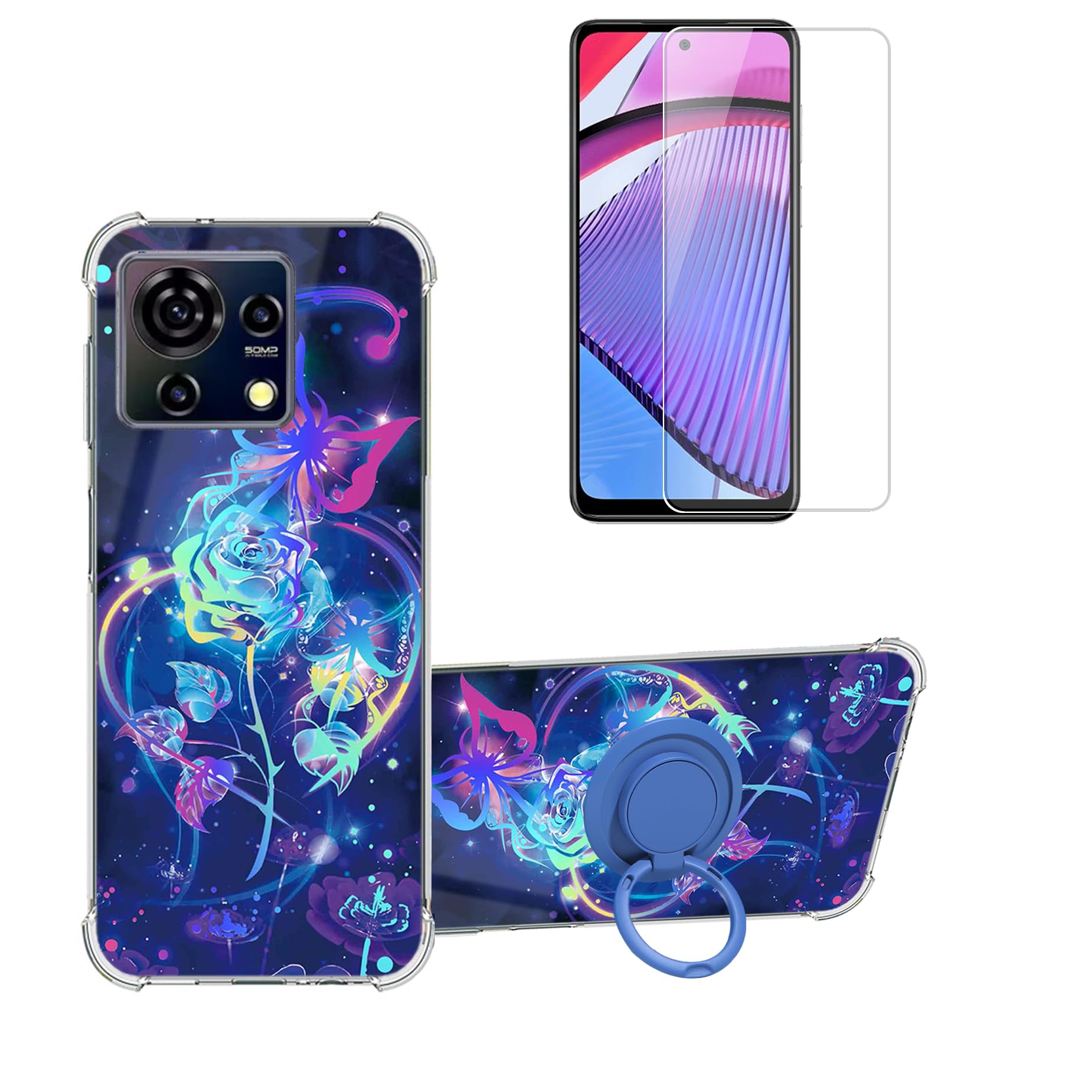 for ZTE AXON 50 Lite Case Compatible with ZTE Blade A73 4G Blade V50  Smart Phone Case Cover [with Tempered Glass Screen Protector][Ring Support]