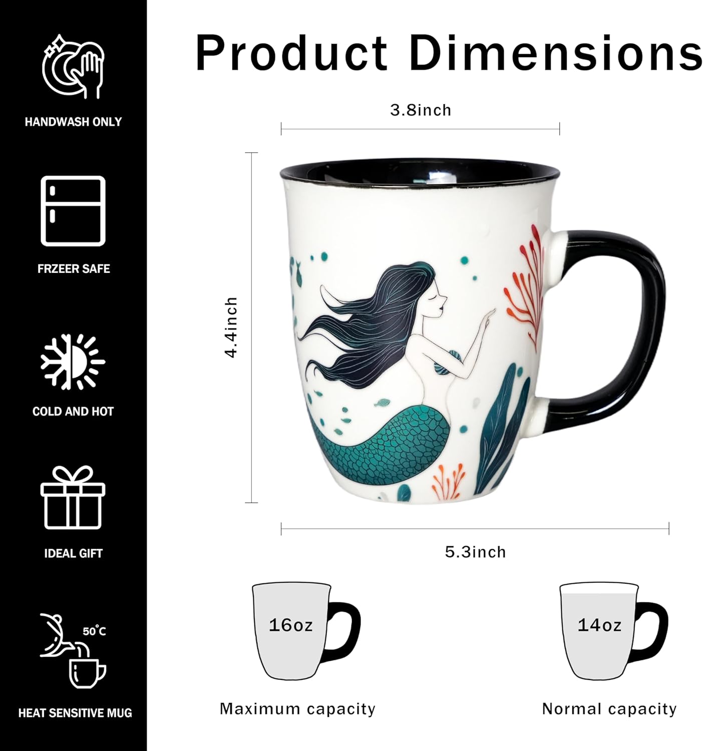 Color Changing Mermaid Coffee Mug 16oz - Ceramic Coffee Mug, Funny Ceramic Tea Cups for Home or Office, Mermaid Gifts for Mothers Day Christmas - Image 3