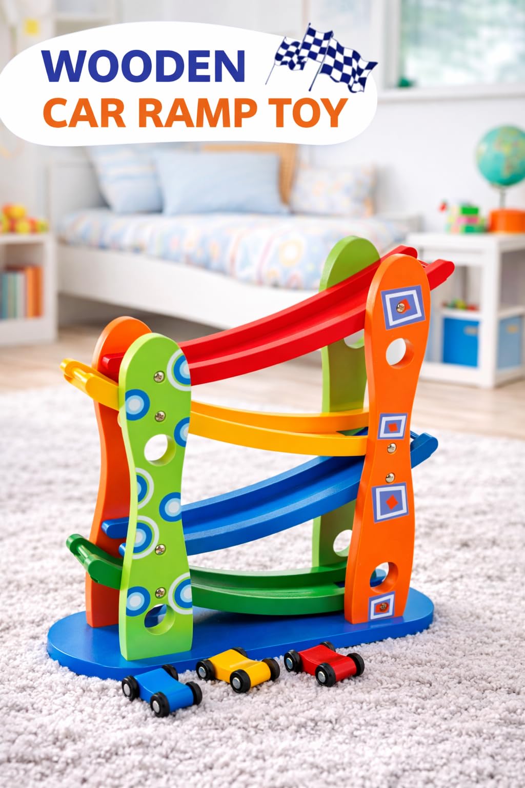 Holz-Autorampe Kinder, Bunte Rennbahn mit 3 Spielzeugautos, 4 Ebenen Wasserfallbahn aus Holz, Auto-Rollbahn Motorikspielzeug Geschenk für Jungen Mädchen ab 3 Jahren