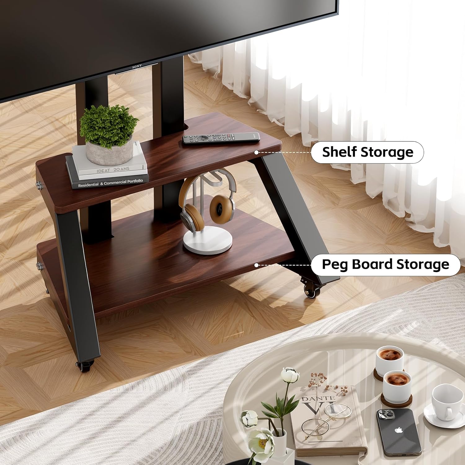 Mobile TV Stand Rolling TV Cart with Wheels for Most 32-86 Inch TV Stand with Double Wooden Shelf, Height Adjustable Heavy-Duty Holds up to 180lbs,Max VESA 600 * 450mm