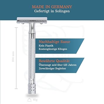 MERKUR Safety Razor 23C Classic with Long Handle Gloss Chrome Three-Piece Straight Cut Closed Comb Ideal for Wet Shaving Die-Cast Zinc Brass Handle Made in Germany