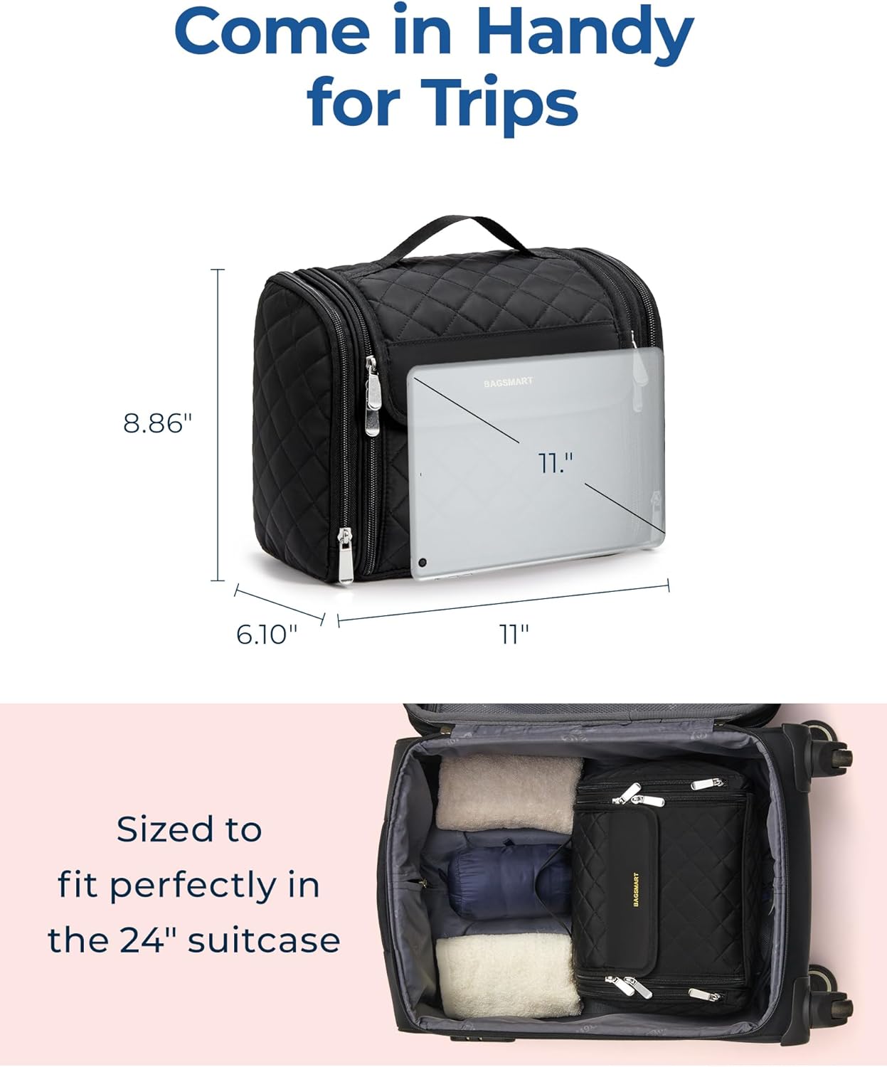 BAGSMART Makeup Bag for Women with Hanging Hook, Large Portable Capacity Water-resistant Organizer Travel Case for Toiletries and Cosmetics, Brown - Image 5