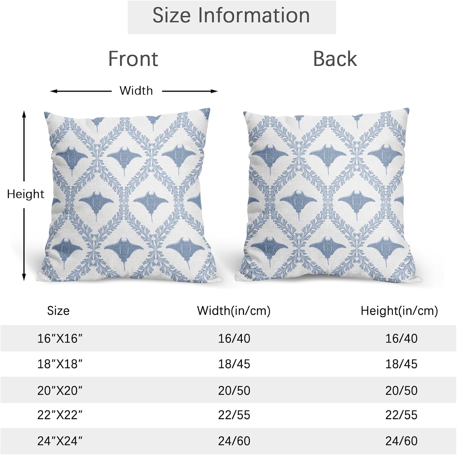 Coastal Pillow Covers 24x24 Inch Set of 2 Ocean Manta Ray Pattern Decorative Baby Blue White Pillowcases Outdoor Beachy Throw Pillow Covers with Zipper for Sofa Bed Chair Living Room Home Decor