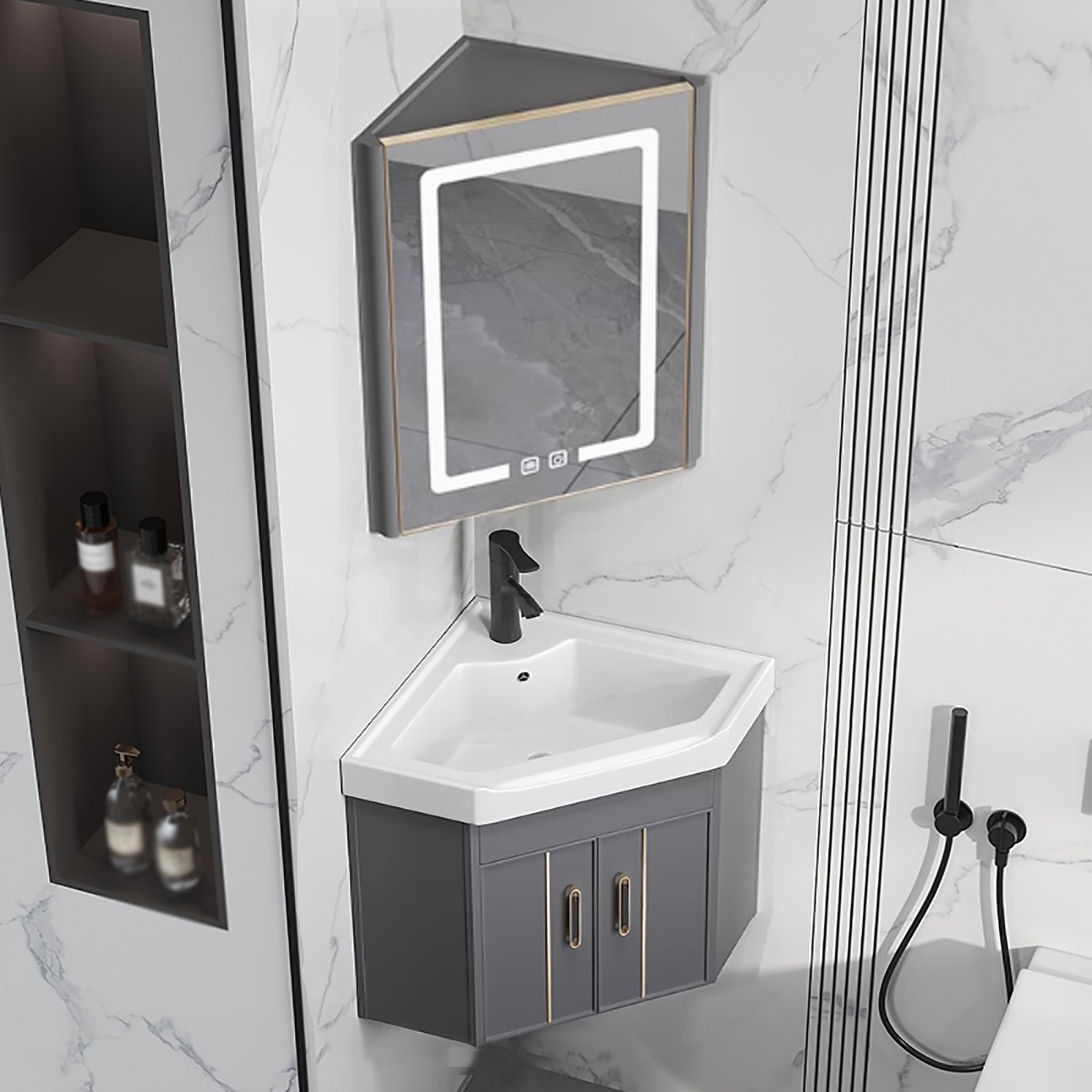 DFGHNBVC Modern Wall Mount Corner Vanity Sink With Faucet Led Anti-Fog Mirror Scratch Stain Resistant Porcelain Stylish Bathroom Storage Cabinet