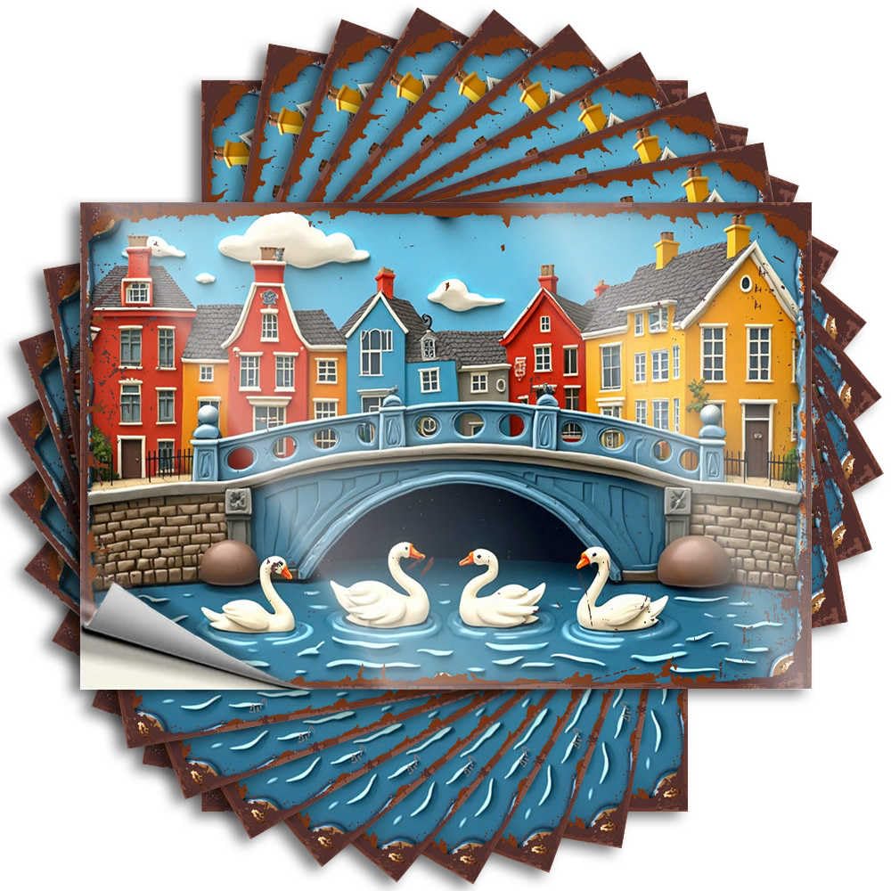 Fzfn Colour Guest Bathroom Decor Retro Saying - Colorful Canal: Swans Under The Bridge Removable Decal Door Easy Peel For Billiards(12X18cm)