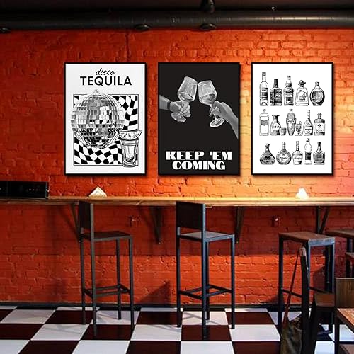 Miniatura 2 de 3 piezas de carrito de barra de champán retro, arte de pared en lienzo con texto en blanco y negro para fiesta de cóctel, pósteres de moda Y2K