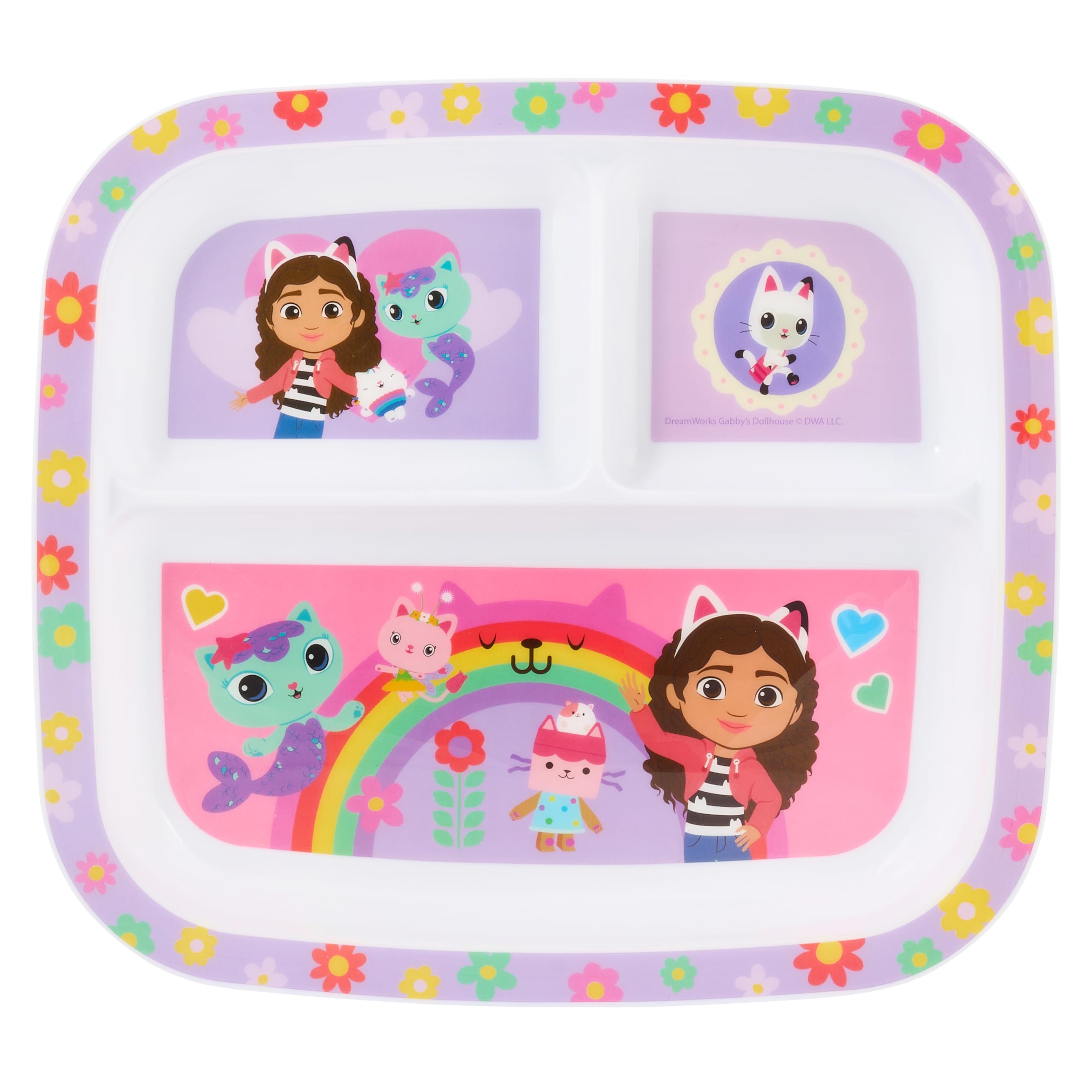 Gabby's Dollhouse Polypropylene Divided Plate, 3-Section Kids Dinnerware, Featuring Gabby, Pandy Paws, Mercat, Kitty Fairy, Baby Box Cat