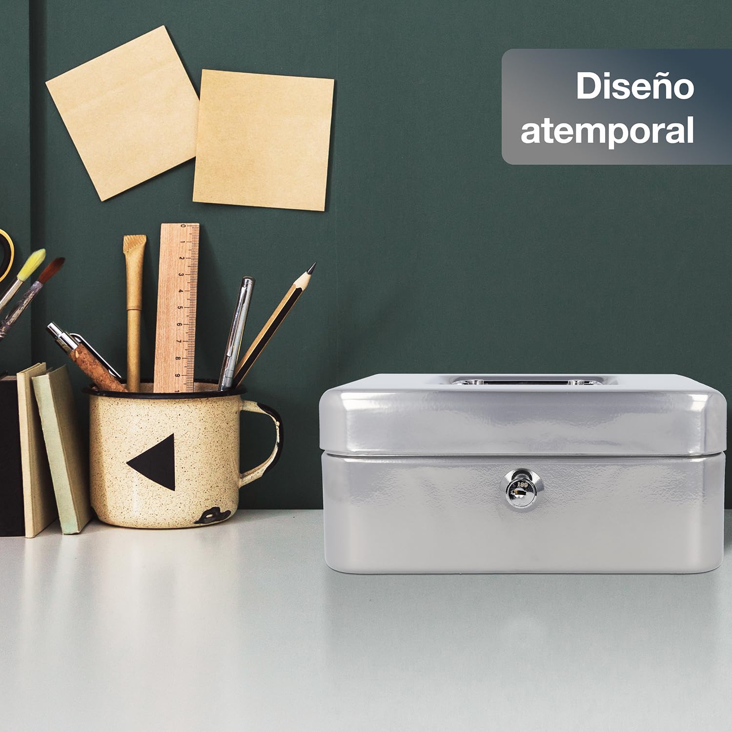 Westcott Caja de efectivo con cerradura (20 cm) plata | Caja con cerradura de chapa de acero con 2 llaves | Inserto extraíble para monedas con 3 compartimentos | E-51001 SILVER