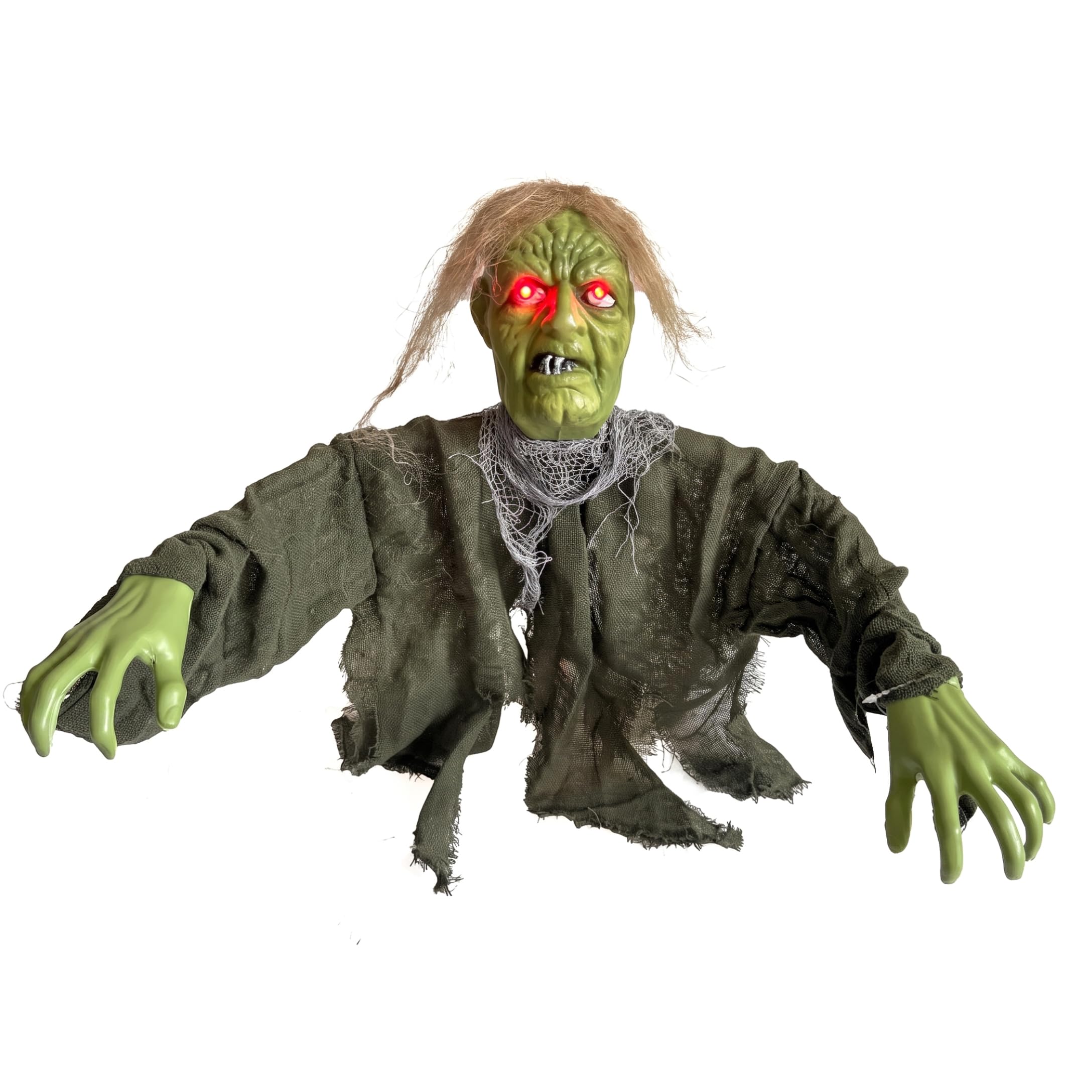 Goutdori Halloween Animatronic Zombie with Ground Stake, Glowing Red Eyes Prop for Yard Haunted House, Olive Green