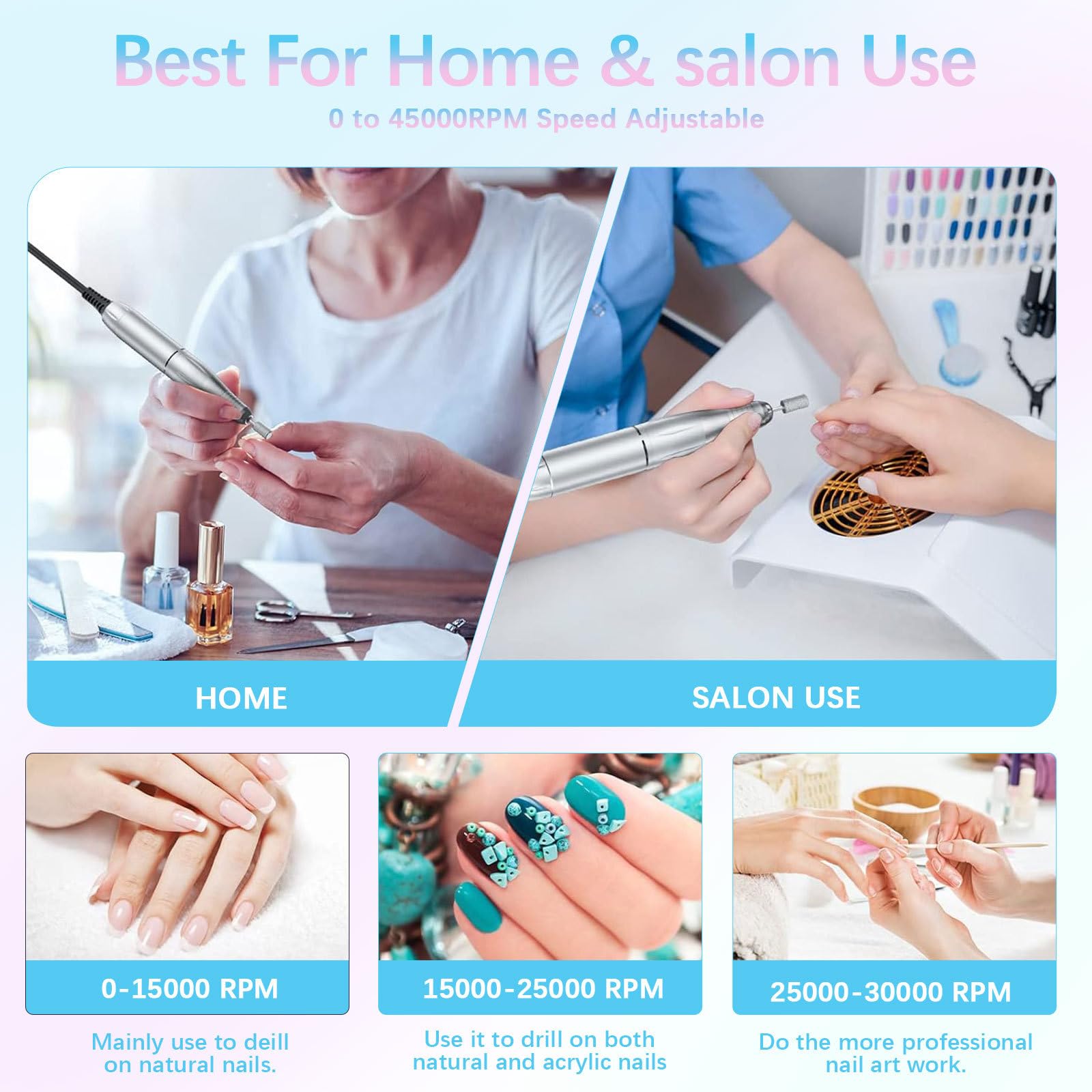 Pulidor de uñas eléctrico inalámbrico con potente motor de 45000 rpm, batería de larga duración para el cuidado de las uñas