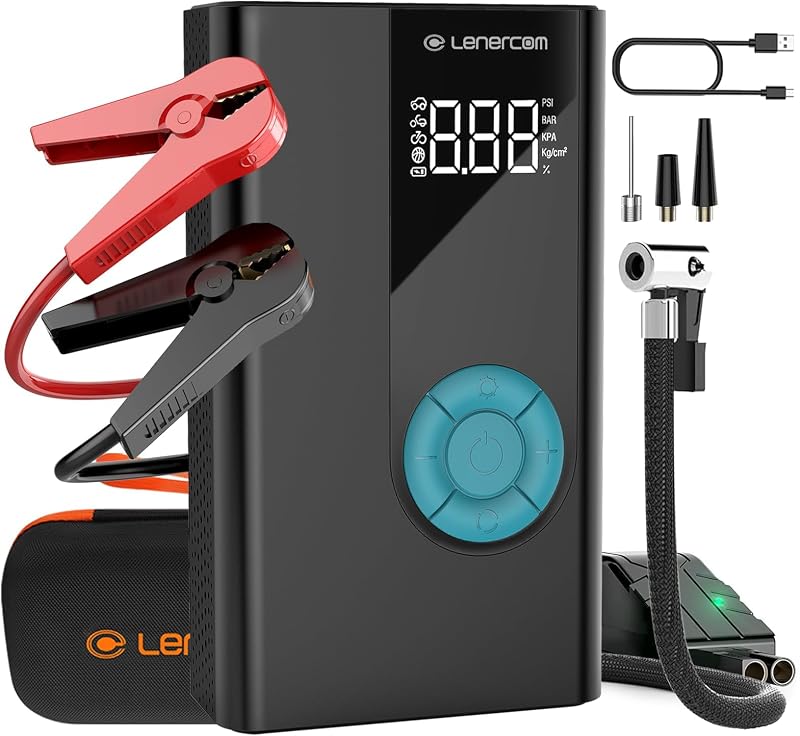 Lenercom 1500A Autós Bikázó Powerbank Beépített 150 PSI Digitális Kompresszorral - 12V Indításrásegítő QC3.0 Gyorstöltéssel, 4 az 1-ben Akku