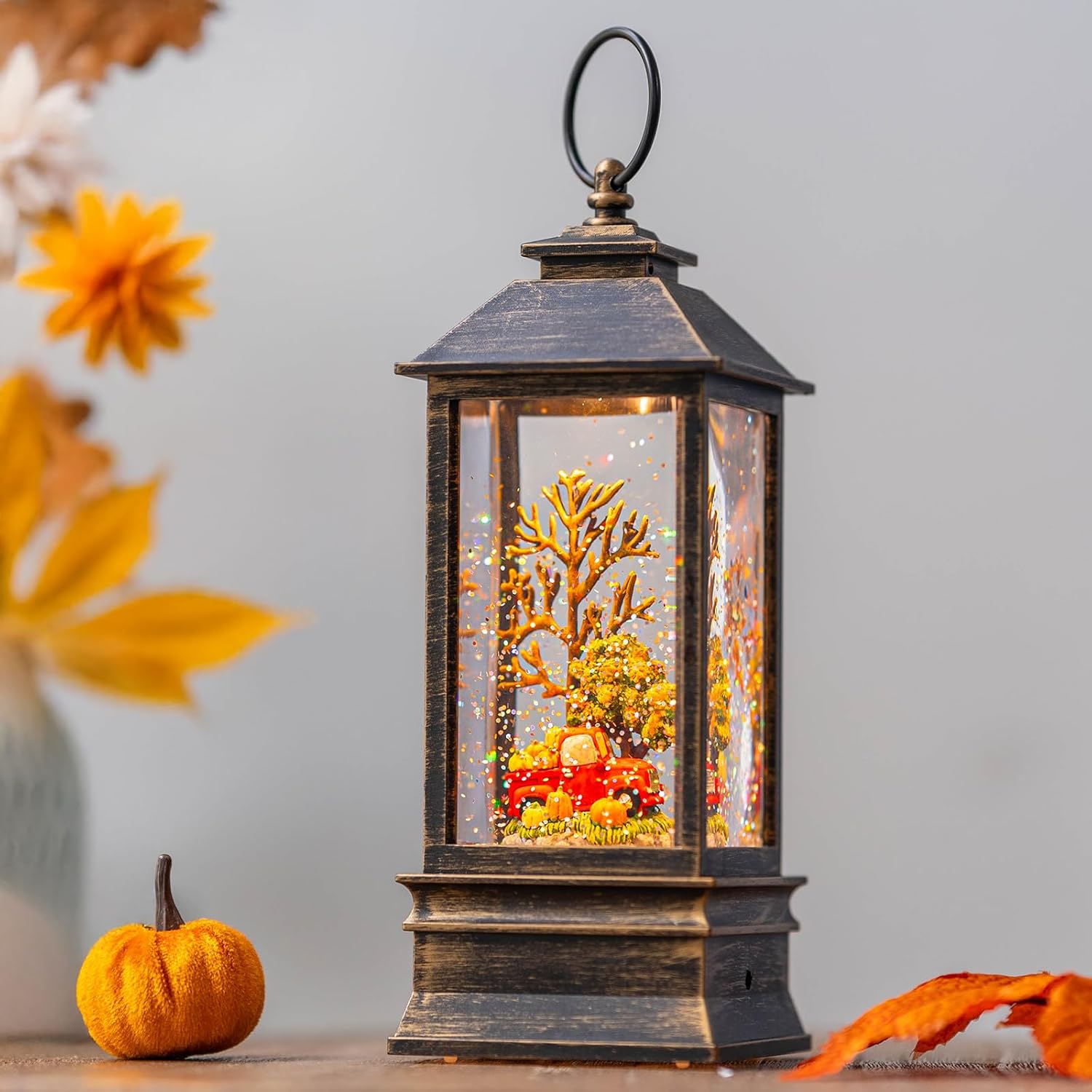 10'' Fall Snow Globe Lantern, Thanksgiving Lighted Lantern, Swirling Glitter Snow Globe for Fall Harvest Day Decorations, Home Fall Decor Gift (Truck&Pumpkins) - Image 4
