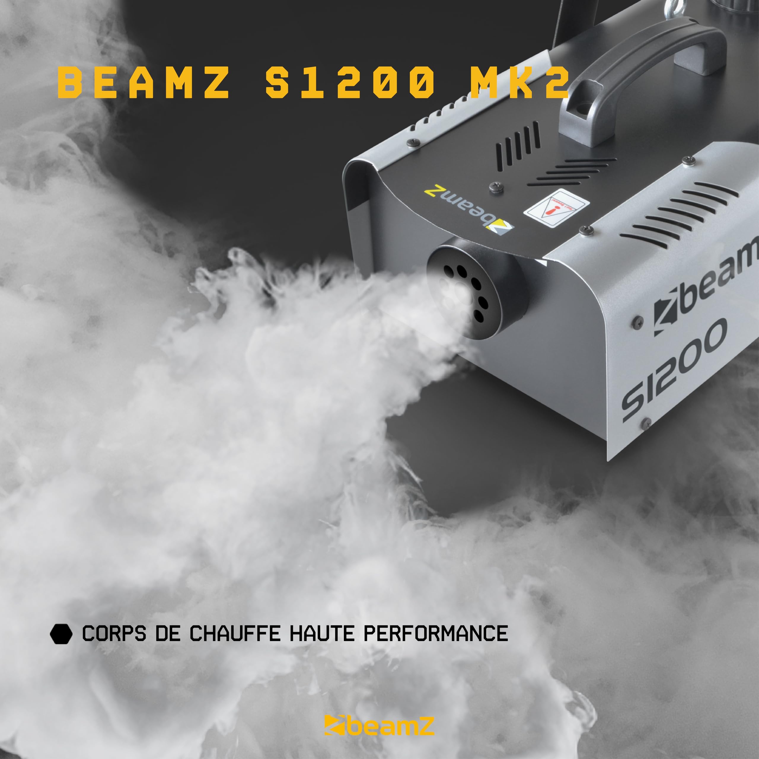 BeamZ S1200 Machine à Fumée 1200 Watts, Télécommande avec Contrôle du Débit et Programmateur, Réservoir 2.5 L, Débit par Minute 215m³, Étrier de Montage, Idéal pour Scène ou Discothèque