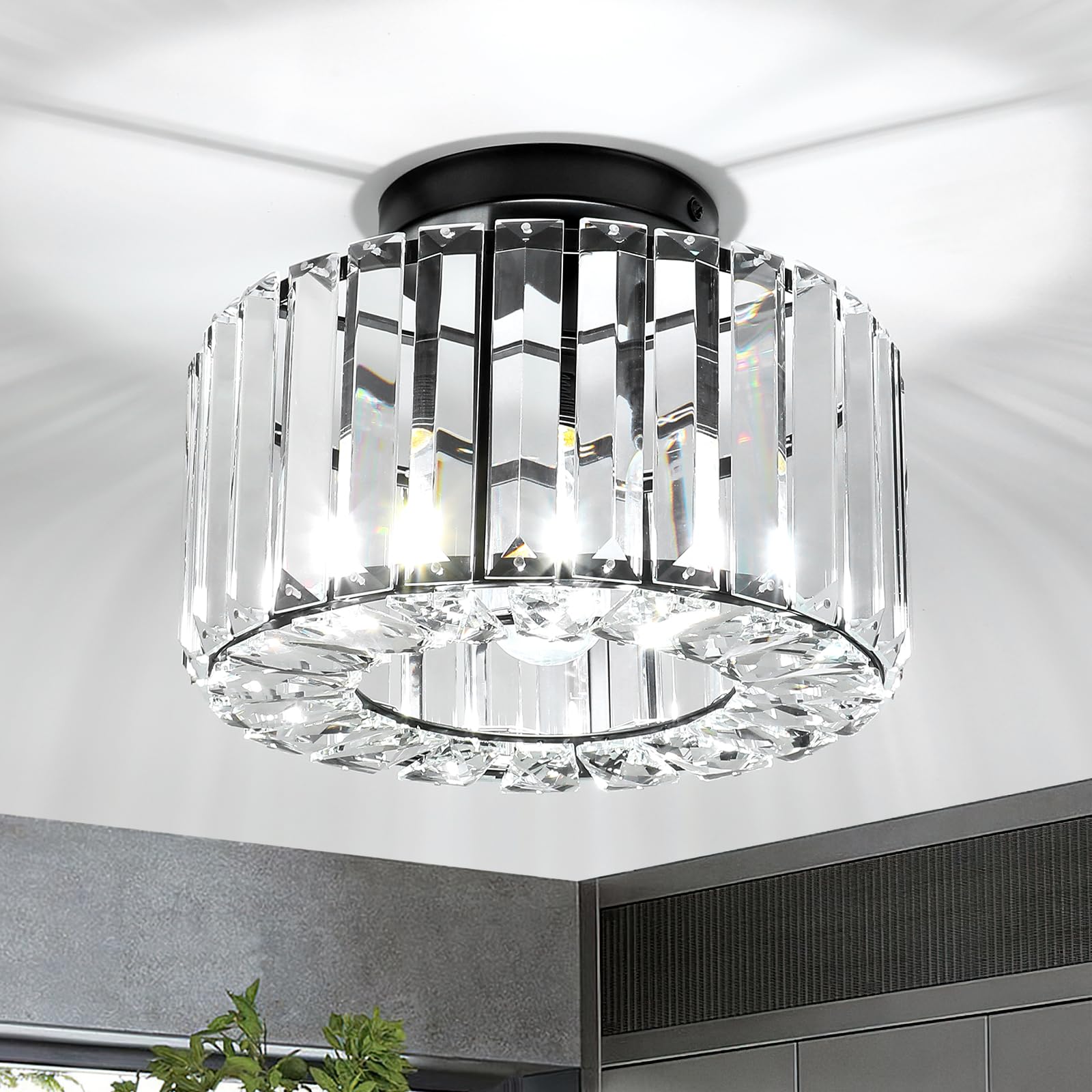 Kristall Deckenleuchte Ø245mm, Kronleuchter Schwarz mit Metall Rahmen Lampenschirm, Sockel E27 Deckenlampe, Moderne Lampe für Schlafzimmer Wohnzimmer Flur Küche Esszimmer