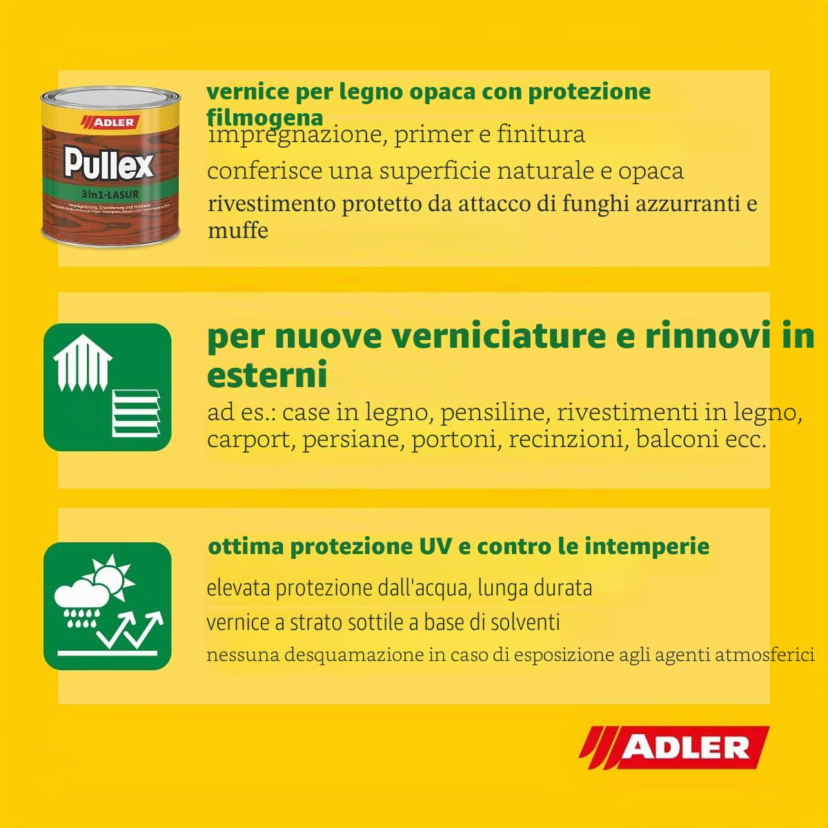 ADLER Pullex 3 in 1, vernice per legno di pino da 5 l, vernice impermeabilizzante, base e vernice protettiva per legno per esterni vernice universale Premium