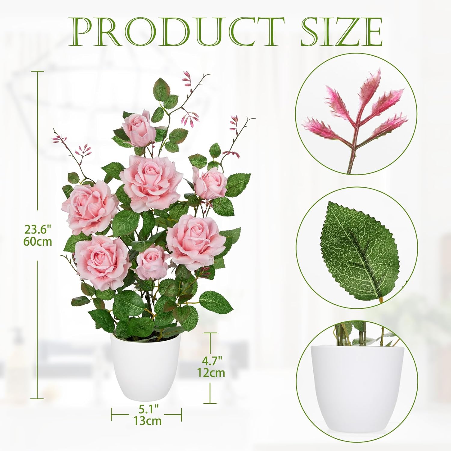 Hollyone Hot Pink Fake Roses Artificial Flowers in Pot 23.6" Small Roses Tree Indoor Outdoor Faux Plants & Flowers Rose Silk Flowers Potted Plant Artificial Rose Floral Arrangement Desk Home Decor