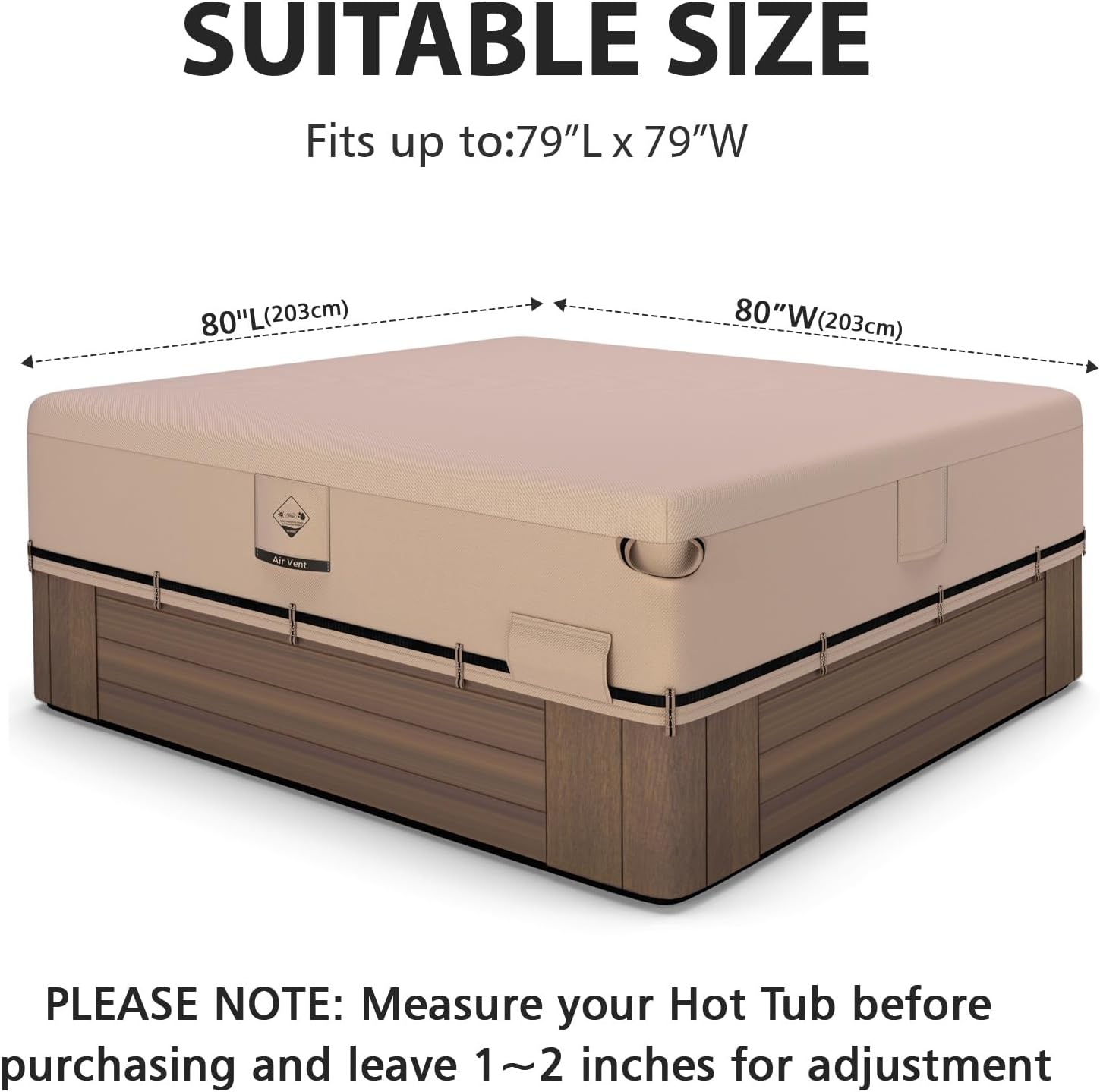 QH.HOME Hot Tub Cover Replacement 80"x 80", Waterproof & Weatherproof 600D Polyester Spa Cover for Hot Tub, UV Resistant, Windproof with Ratchet Strap System, Fits 79 x 79, 78 x 78,77x 77 Square