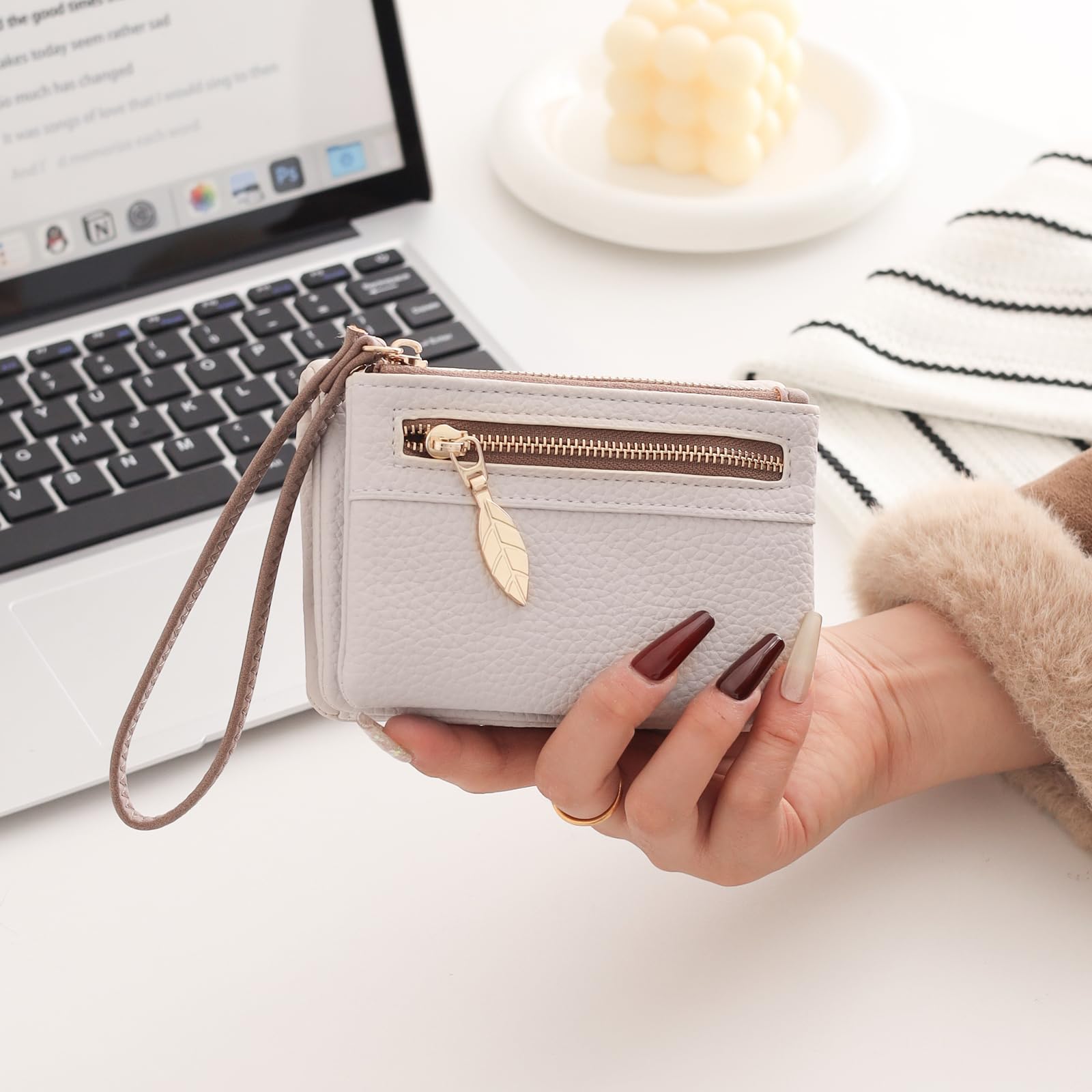 HNOOM Porte Monnaie Femme en Cuir PU Portefeuille Femme Petit Format Porte Feuille pour Femme Court avec 9 Emplacements de Cartes et 2 Zippé Pochette à Monnaie (Beige)