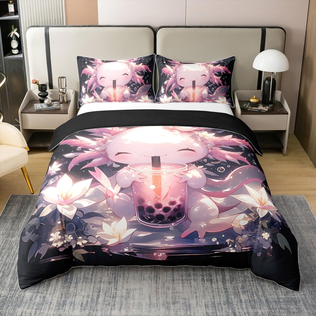 Axolotl 100% Cotton Duvet Cover Single,Cartoon Salamander Milk Tea Floral Pink Black Comforter Cover(No Filler) for Kids Adults,Kawaii Marine Life Romantic Lotus Flowers Bedding Set 2 Pcs