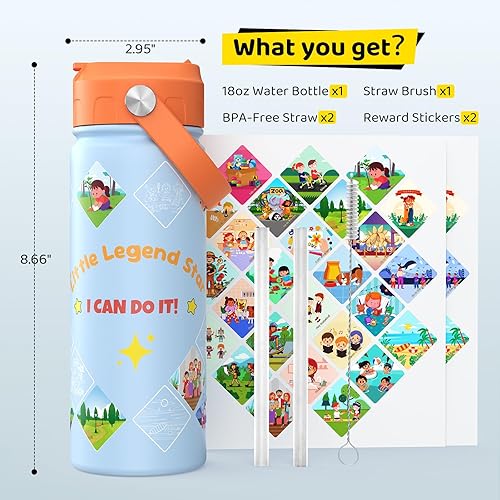 Miniatura 5 de GoKEDA Kids Achievements - Botella de agua con calcomanías de recompensa, taza de doble aislamiento al vacío de 18 onzas con popote, botellas de