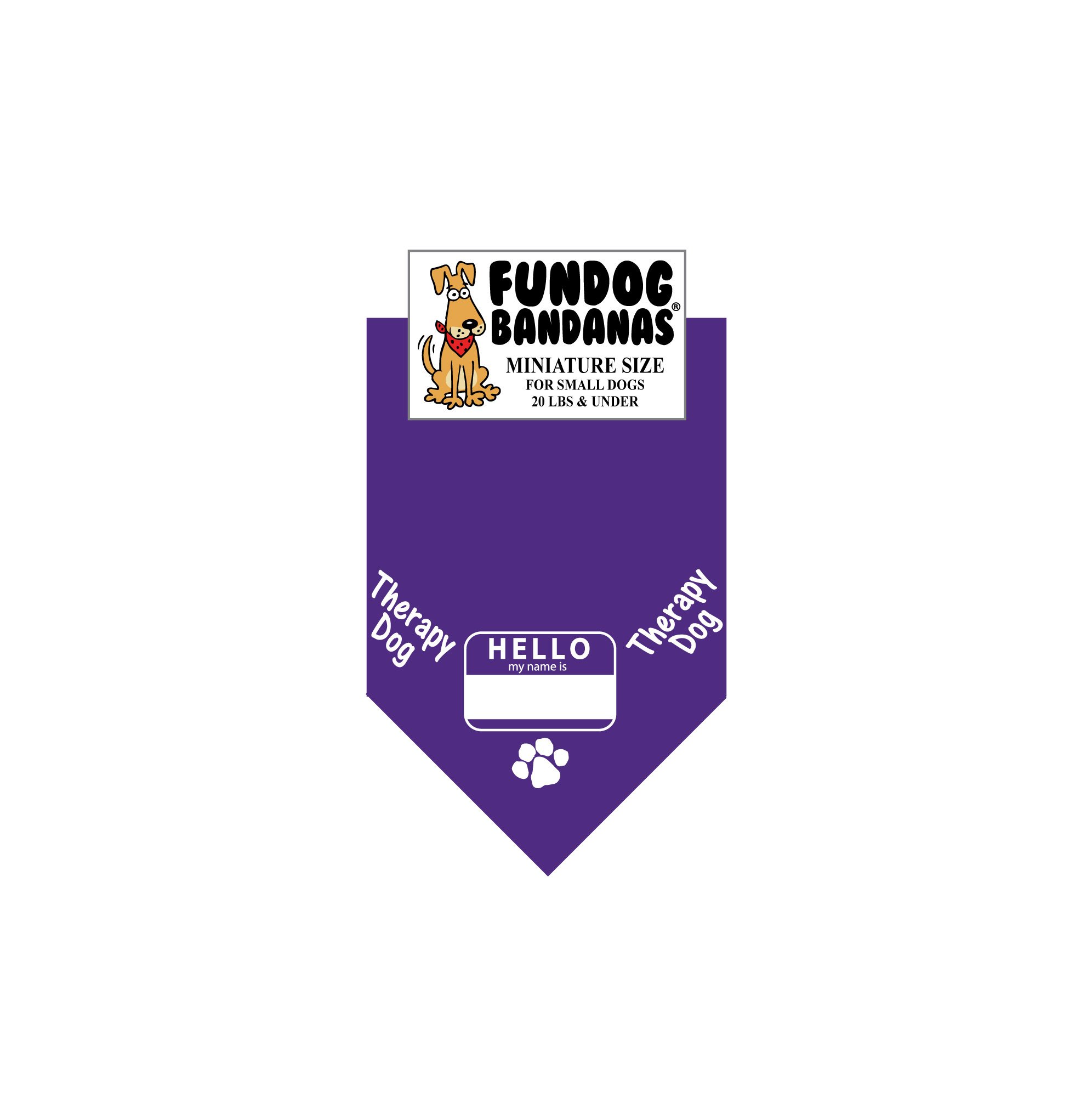 Hello My Name is Therapy Dog Bandana (Miniature for Small Dogs Less Than 20 lbs, Purple)