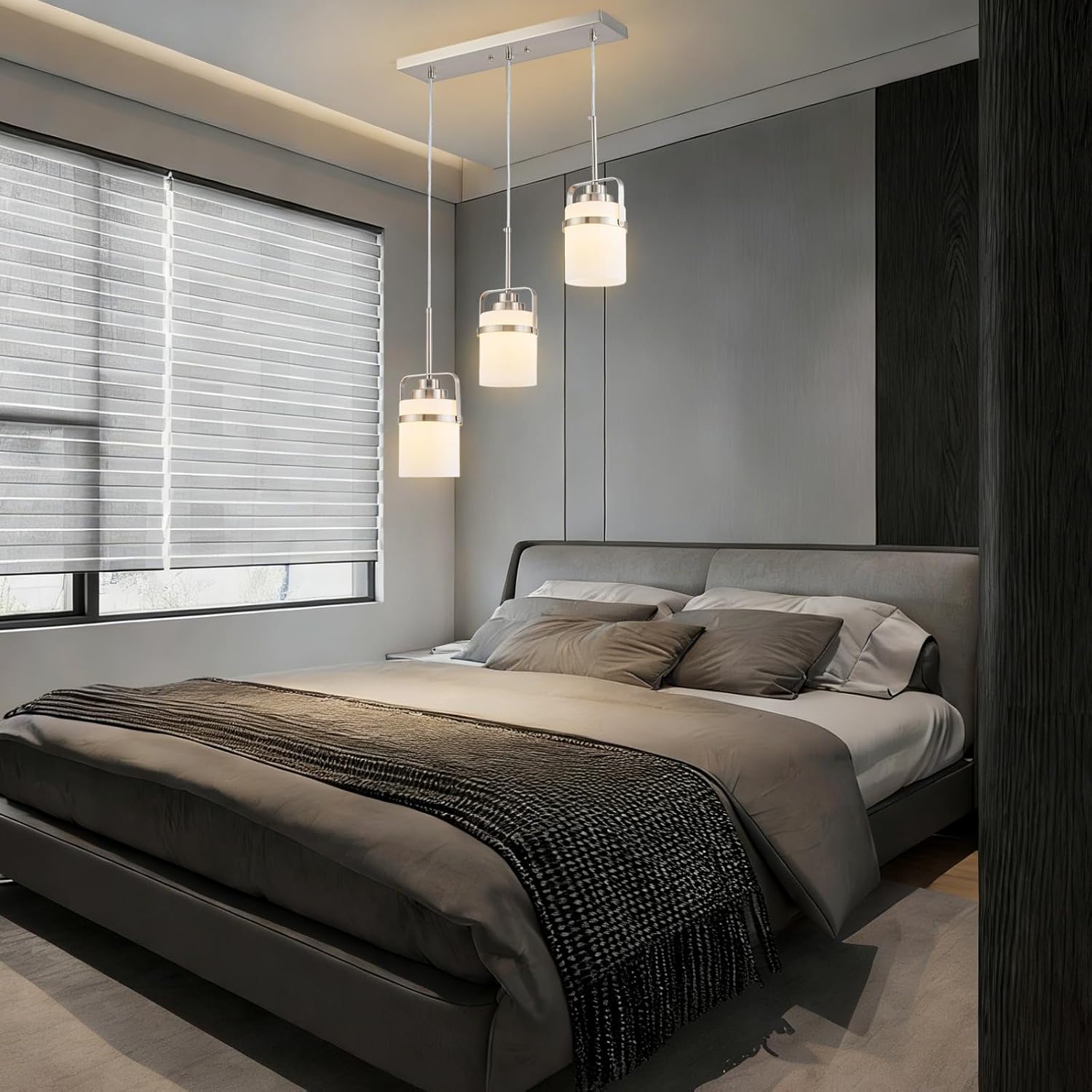 Nickel 3-Light Pendant Lighting, Adjustable Hanging Light Fixture with Milk Glass Shade, Modern Pendant Light for Kitchen Island Dining Room Bar Over Sink/Table/Counter