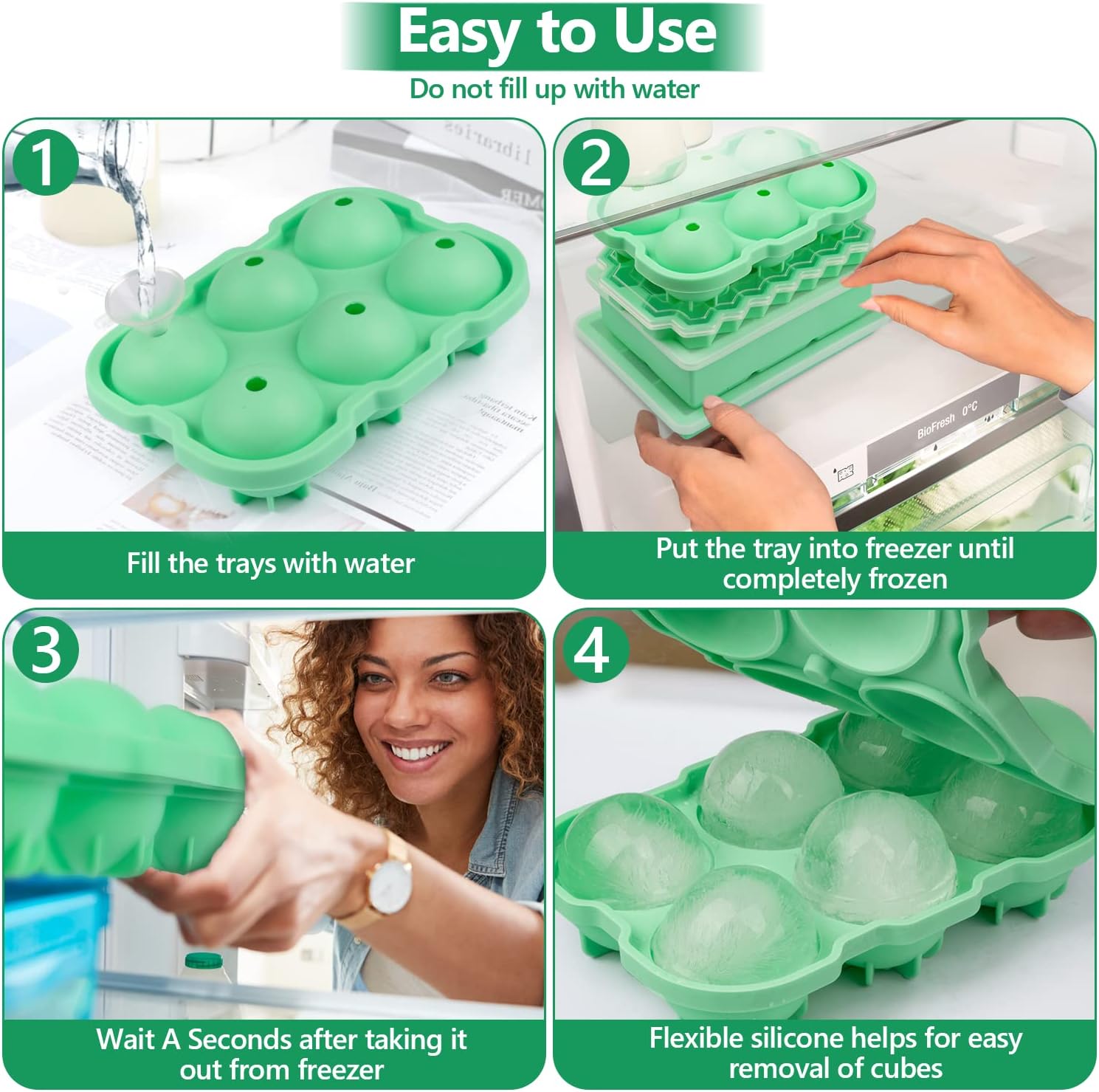 Warmodern Ice Cube Tray, 4 Pack Silicone Ice Trays for freezer,Large Square Ice Cube Molds,Sphere Ice Ball, Diamond Cut & Hexagonal Shapes Ice Maker for Whiskey With Funnel,Reusable and BPA Free