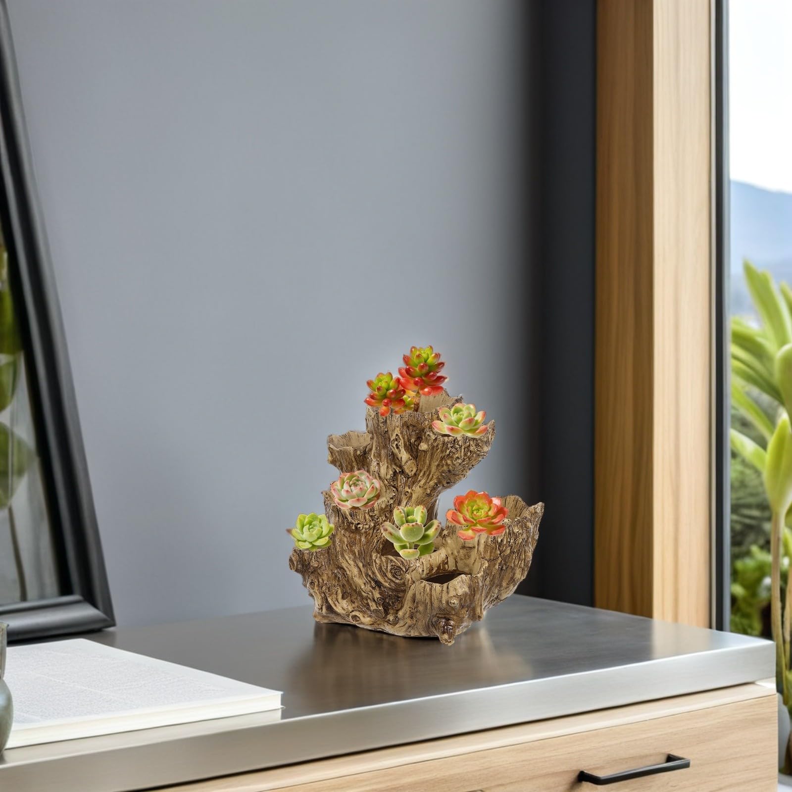 Gatuida Kreativer mit Acht Löchern aus Kunstharz Baumwurzel Blumentopf und Tragbarer Sukkulenten Topf im Rustikalen Treibholzstil für Balkon und Wohnkultur