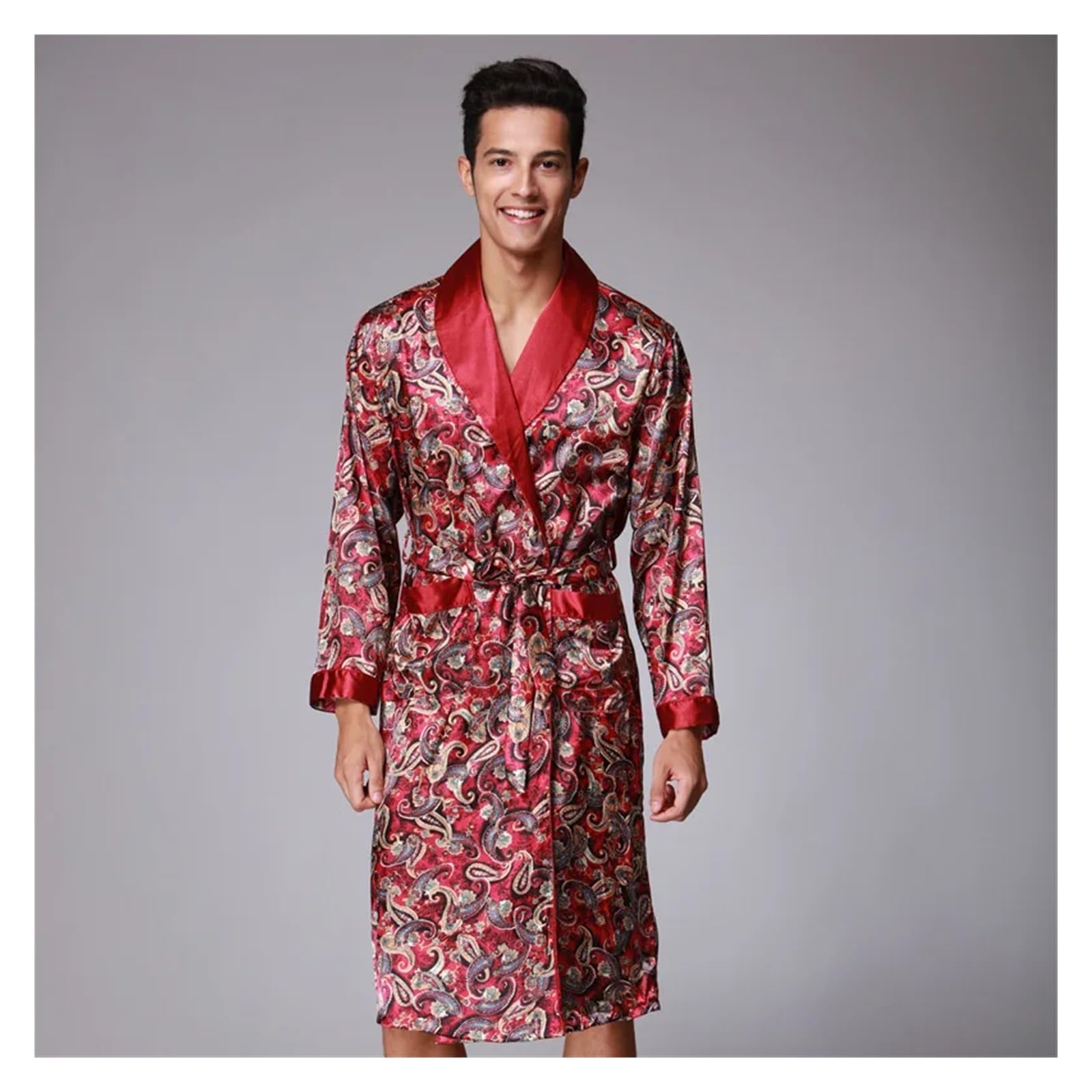 Bata Hombre Seda, Ropa De Dormir De Seda Satinada, Bata De Baño De Verano, Pijama De Manga Larga, Bata De Dormir, Pijama Sleepwar Hombre para SPA (Coffee, XXL)