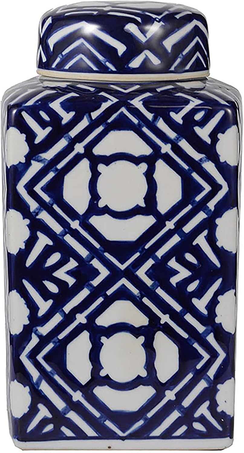 A&B Home Square Ginger Jar with Lid - Geometric Abstract Pattern, Blue and White Modern Style, Home Décor Accent Centerpeice, 10'' Tall