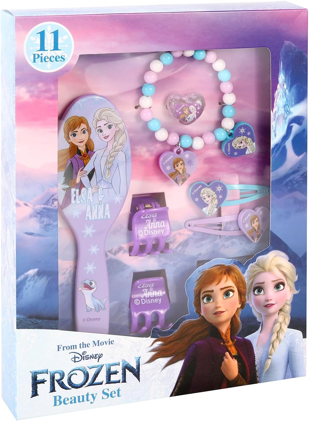 TDL 11pc Frozen Anna & Elsa Beauty Set Girls Jewellery & Hair Accessories Kit Purple Gift Set Dress Up Hairbrush Bracelets Scrunchies Charms