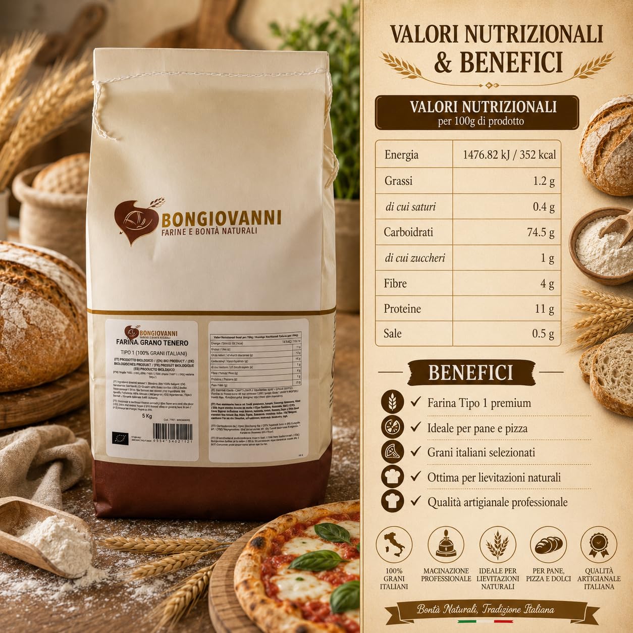 BONGIOVANNI FARINE E BONTA' NATURALI Farina Tipo 1 di Grano Tenero BIO - 5 Kg