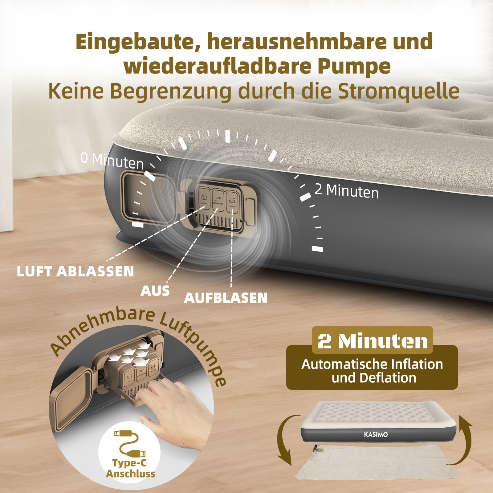 KASIMO TPU Luftmatratze selbstaufblasend 1 Person Gästebett mit integrierter Pumpe 190x90x22cm