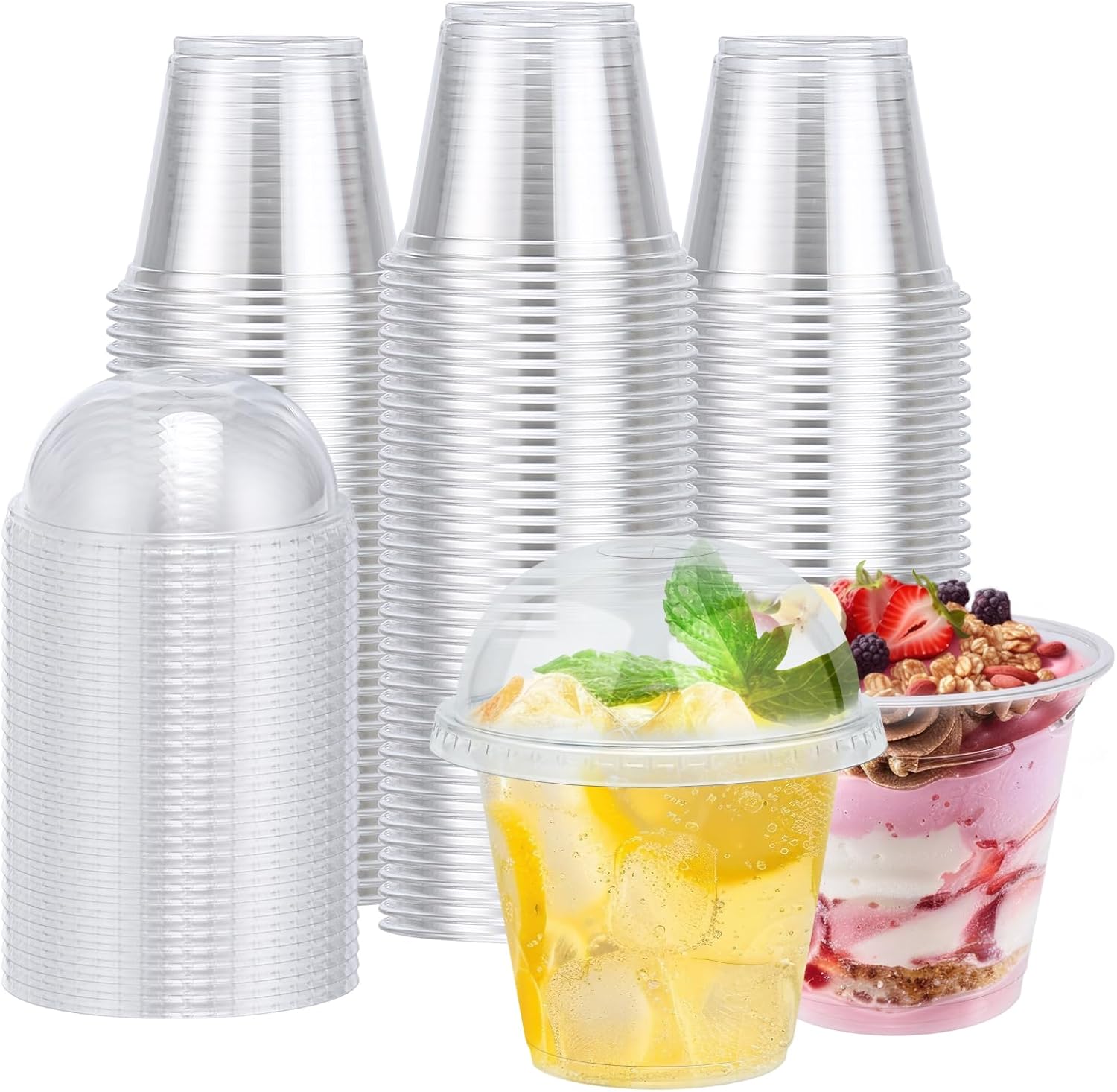 300 Packs 9 oz Clear Plastic Cups with Dome Lids, Disposable Cups with Lids, Reusable Plastic Dessert Cups for Ice Cream, Cake, Snacks, Fruit, Cold Drinks, Milkshake, Pudding, Salad