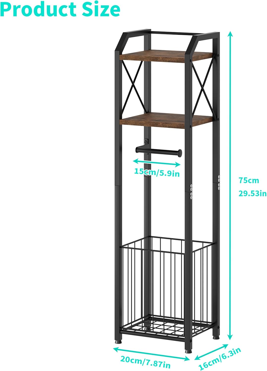 HapiRm Freestanding Toilet Paper Holder - 4-Tier Bathroom Tissue Organizer with Wood Shelves and Large Basket, Toilet Paper Holder Stand for Bathroom, Laundry Room, Apartment - Black（Small）