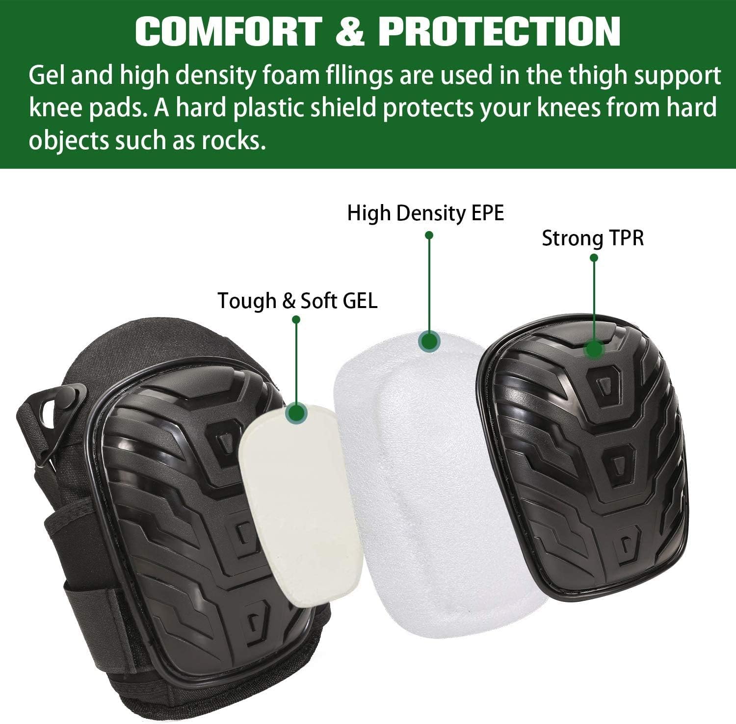 Hirate Professional Knee Pads with Heavy Duty Foam Padding and Comfortable Gel Cushion for Construction, Gardening, Flooring to Save Your Knees - - 
