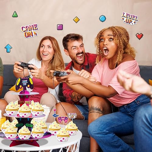 Miniatura 7 de Soporte de 3 niveles para cupcakes de videojuegos para 24 cupcakes temáticos de juegos, cartón, postre, torre para decoración de fiesta nocturna de