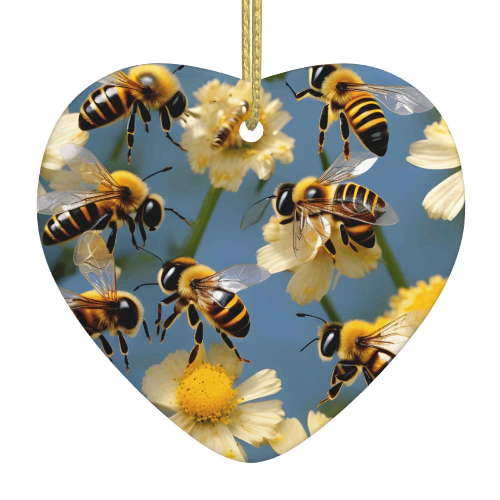 Nbtghga White Honey Bees Flowers Print Christmas Ornaments, Ceramic Hanging Ornament, Xmas Tree Decoration, Holiday Home Decor