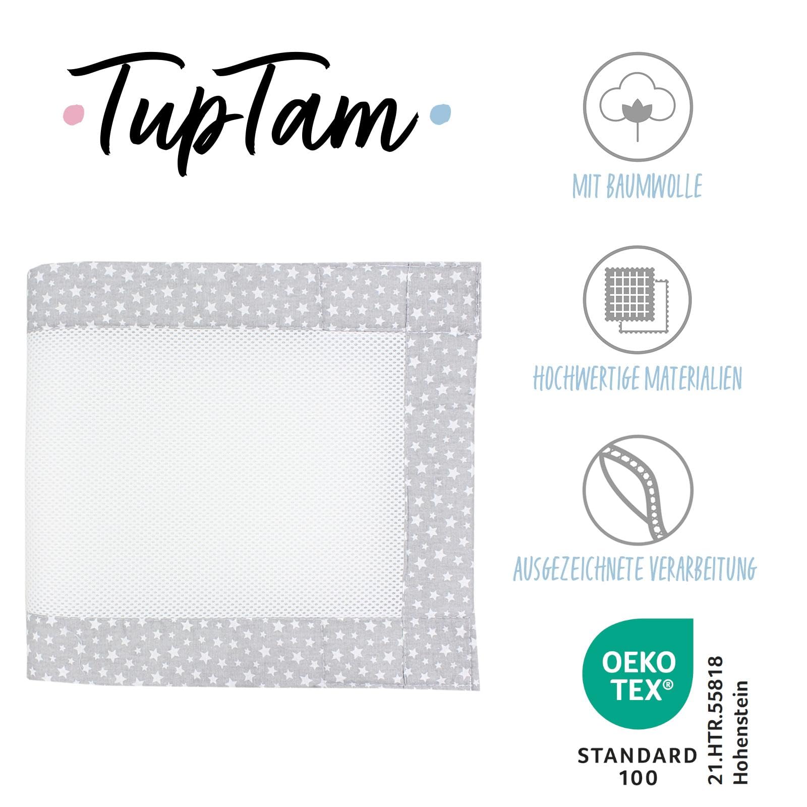 TupTam Protezione Paracolpi per Lettino Nido per Neonati Traspirazione Air Mesh 2 Pack, Stelle Grigio, ca.128 x 30 cm (per Lettino 140x70)