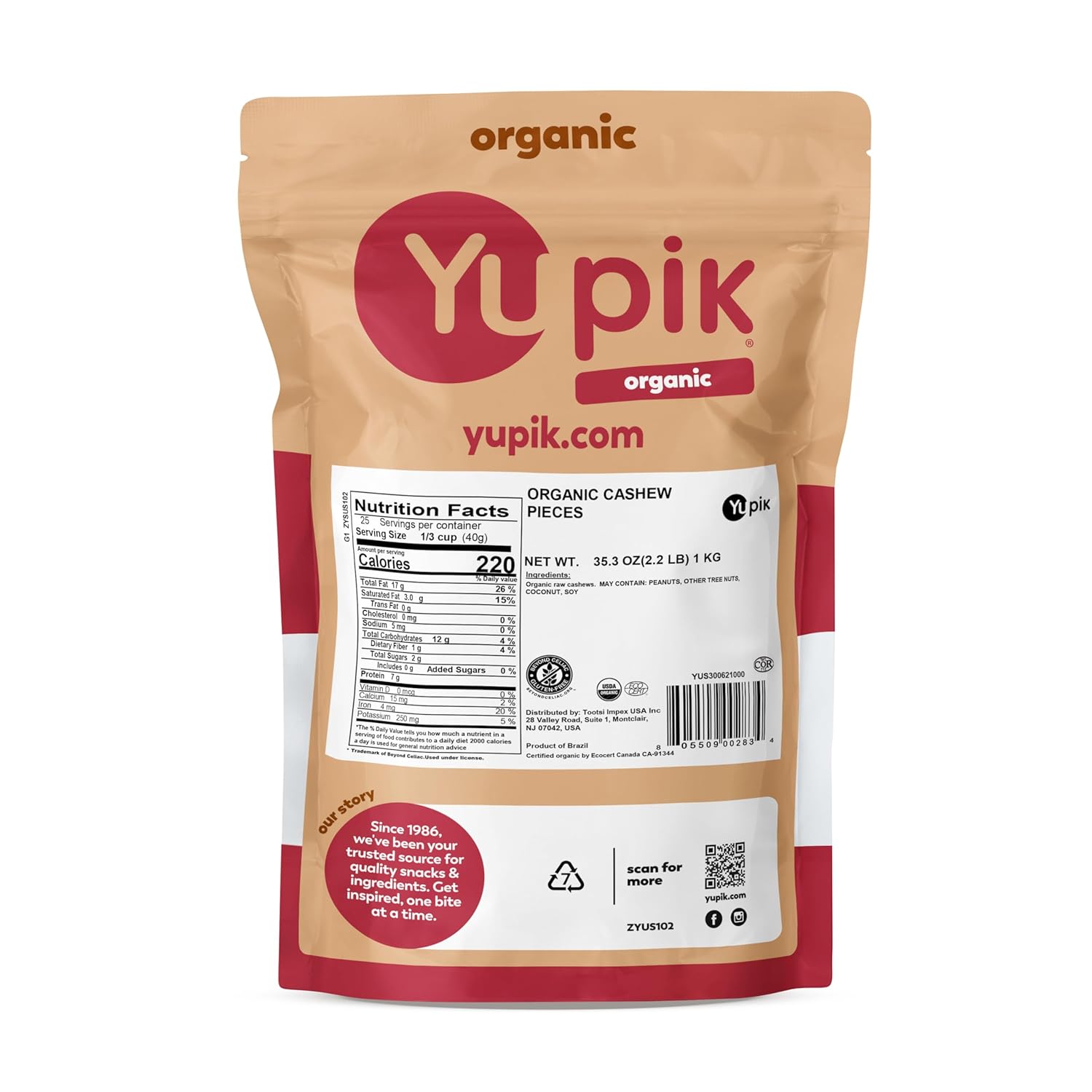Yupik Organic Raw Cashew Pieces, 2.2 lb (35.2 oz), Gluten-Free, Kosher, Non-GMO, Vegan, Chopped Nuts, Unsalted, Unroasted, Oil-Free, Crunchy Cashews, Ideal for Baking & Cooking