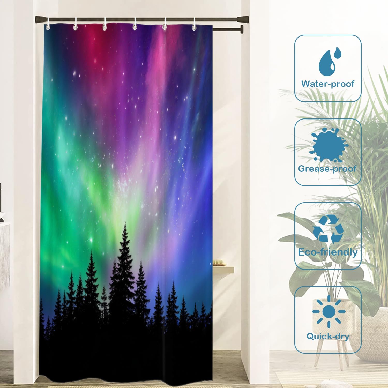 Batmerry Colorful Natural Northern Lights Decor Shower Curtain,Purple Phenomenon Forest Bathroom Decor Polyester Fiber Plastic Rings Quick-Drying Waterproof for Bathtubs/Bathroom, 72x36 inches image 4