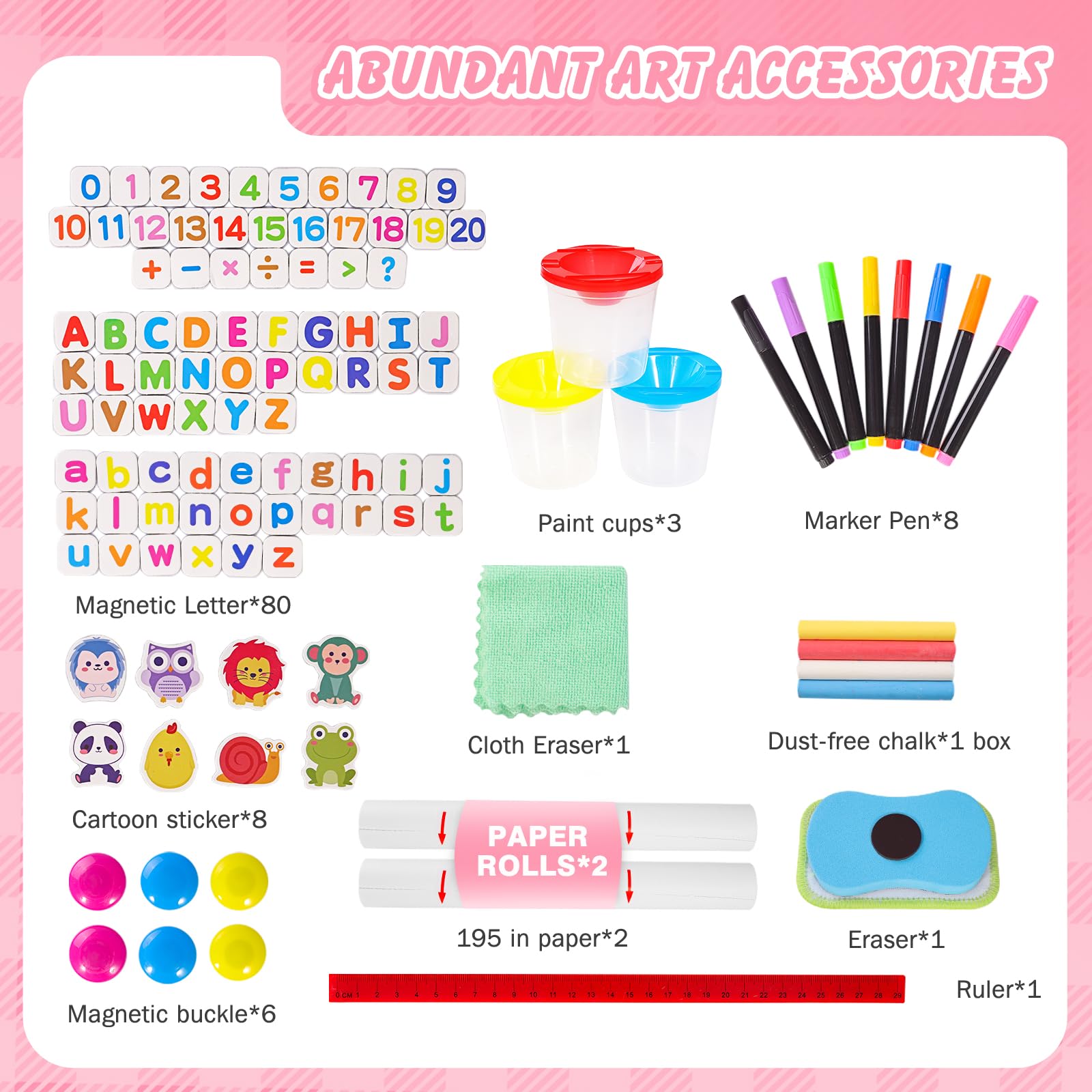 Pizarra Infantil 3 en 1 Doble Cara con Caballete de Madera Altura Ajustable, Pizarra Blanca y Negra con Rollo de Papel Dibujo y Accesorios Multicolor para Niños (rosa)