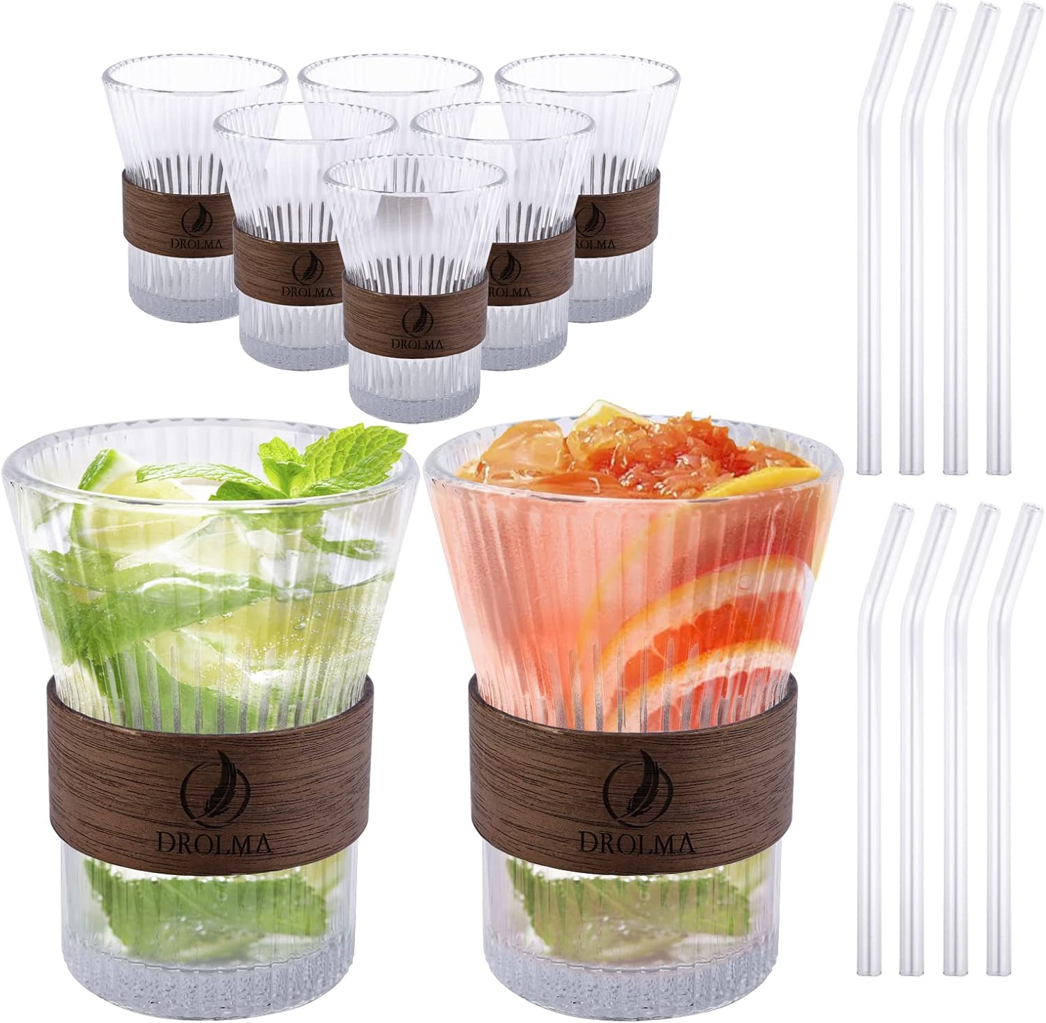 Drolma Ribbed Glass Cups, Drinking Glasses 12oz, Glassware Set of 8, Vintage for Whiskey Cocktail Glasses, Iced Coffee cup Bar Accessories Clear