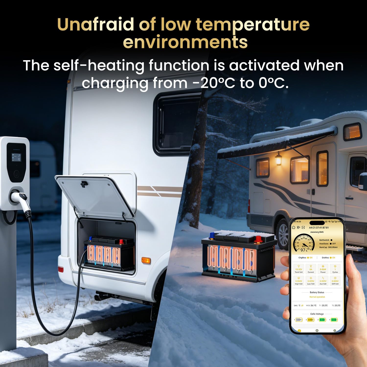 Batteria LiFePO4 12V 170Ah con Bluetooth e autoriscaldamento, BMS 150A, 15000 cicli, 2176Wh max, stop bassa temperatura. Ideale per camper, solare e motori elettrici.