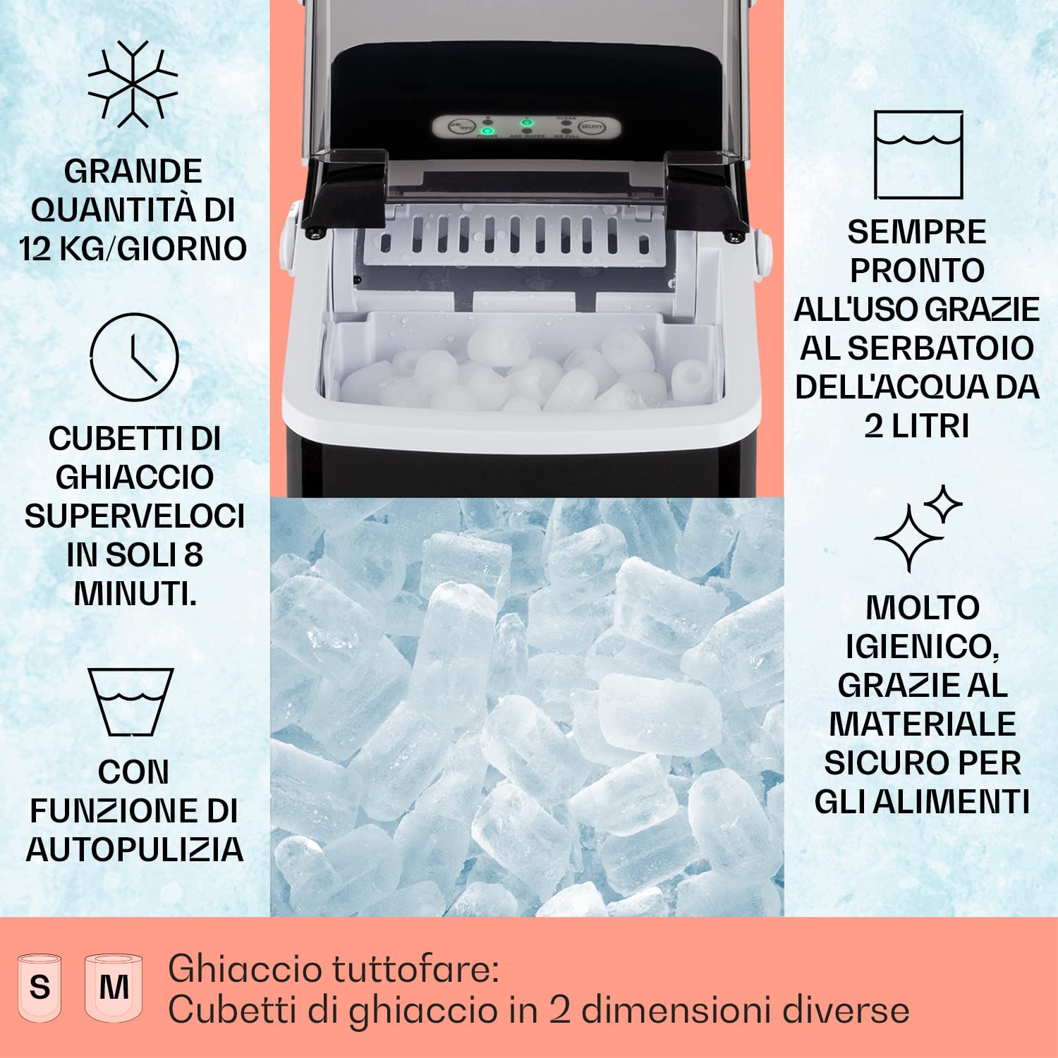 Klarstein Macchina Ghiaccio 2L, Macchina del Ghiaccio Professionale, Fabbricatore Ghiaccio Secco Alimentare 12kg, Cubetti di Grandi Piccole Dimensioni, Macchina Ghiaccio Casa Autopulente Cocktail