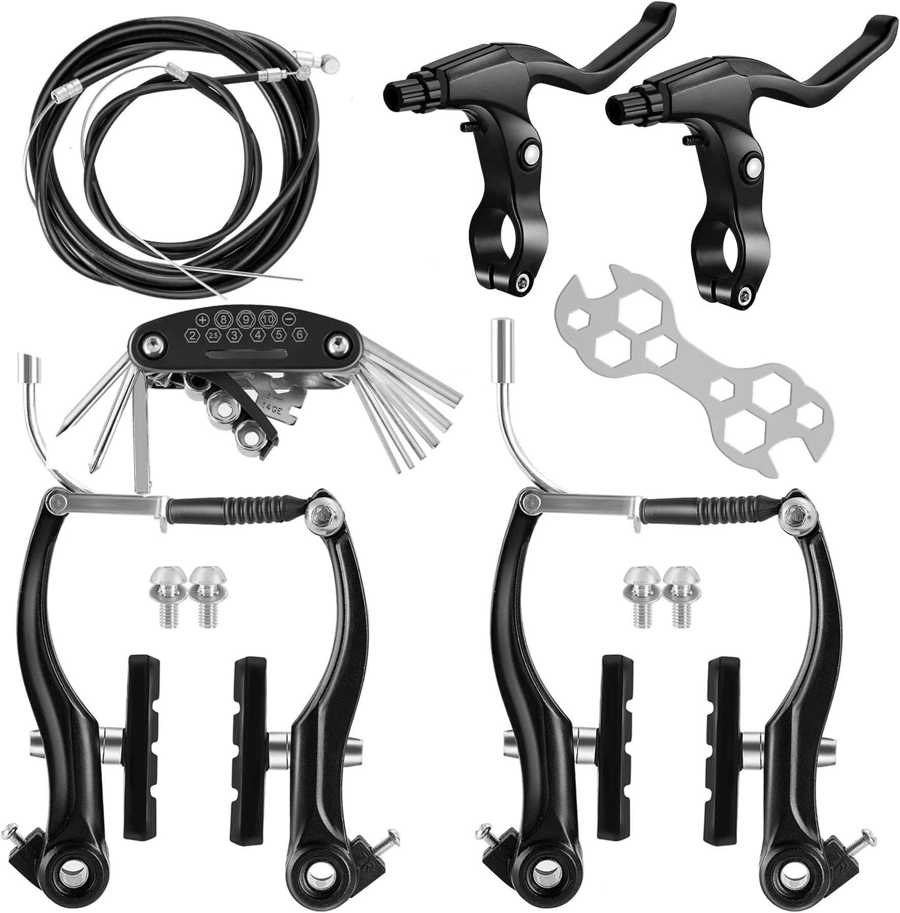 V-Type Bike Brake Set, Complete Universal Bike Front and Rear MTB Brake, Bicycle Brakes, Inner and Outer Cables, Include Brakes Lever Calipers Multi-Tool Wrenches