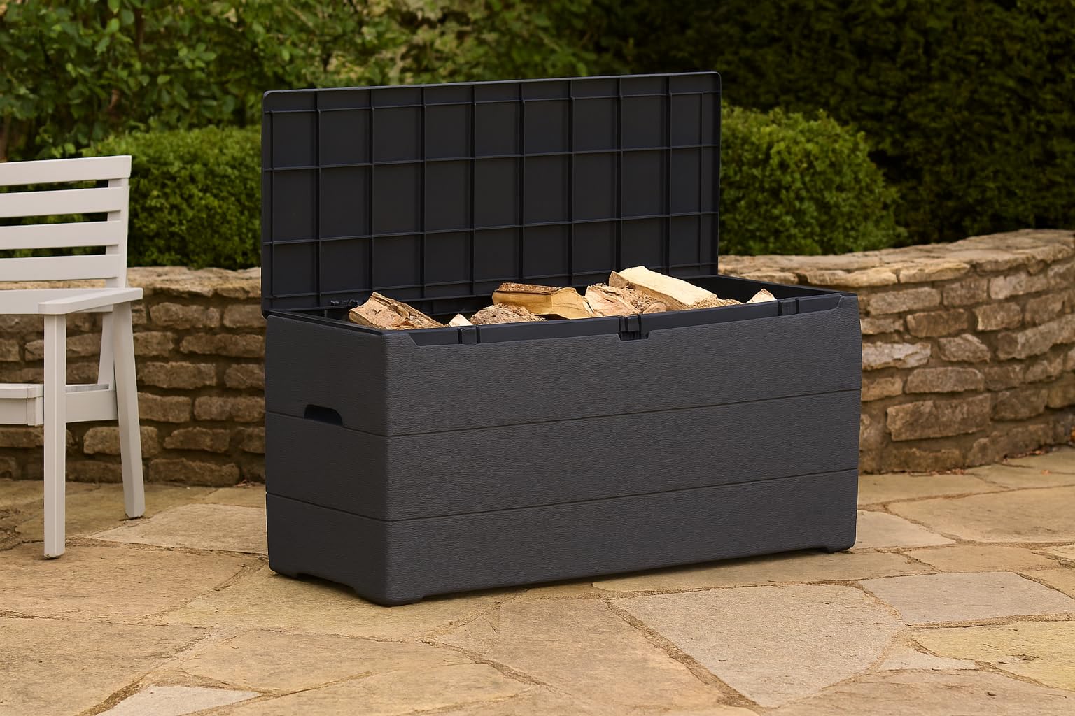 Duramax Cedargrain Durabox 270 litri, contenitore per mobili da giardino in plastica per esterni con coperchio chiudibile, con ruote e maniglie, Grigio scuro