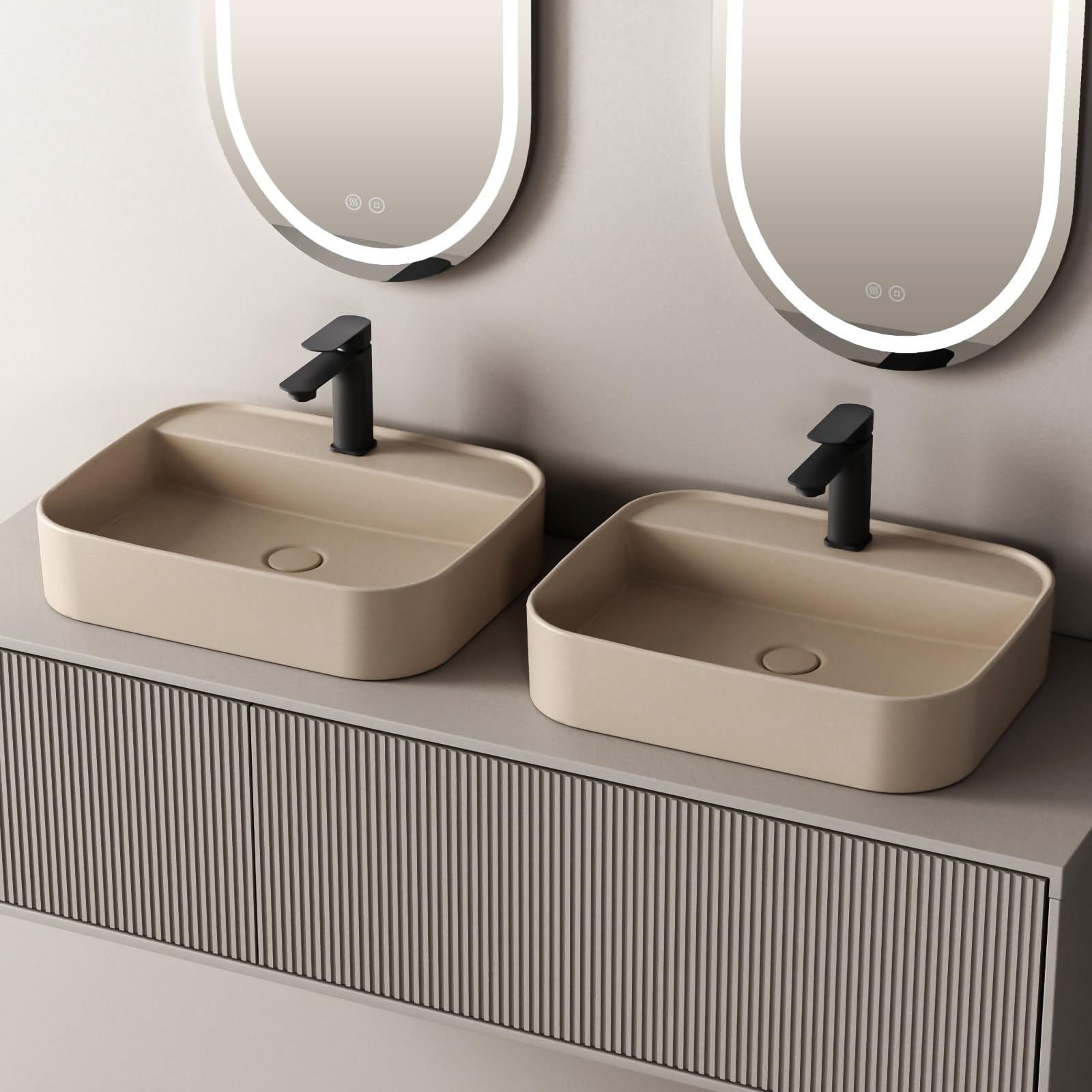 EMKE Lavabo da Appoggio e Sospeso 50 x 40 x 11 cm, Lavandino Rettangolare in Ceramica Beige opaco con Angoli Arrotondati, Lavello Moderno Salvaspazio per Bagno e WC - Senza Rubinetto e Piletta