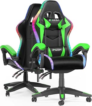 RGB Gaming Chair with Led Lights, Ergonomic Video Game Chair with Adjustable Lumbar Support, Reclining Backrest for Gaming Room & Home Office With RGB, Green